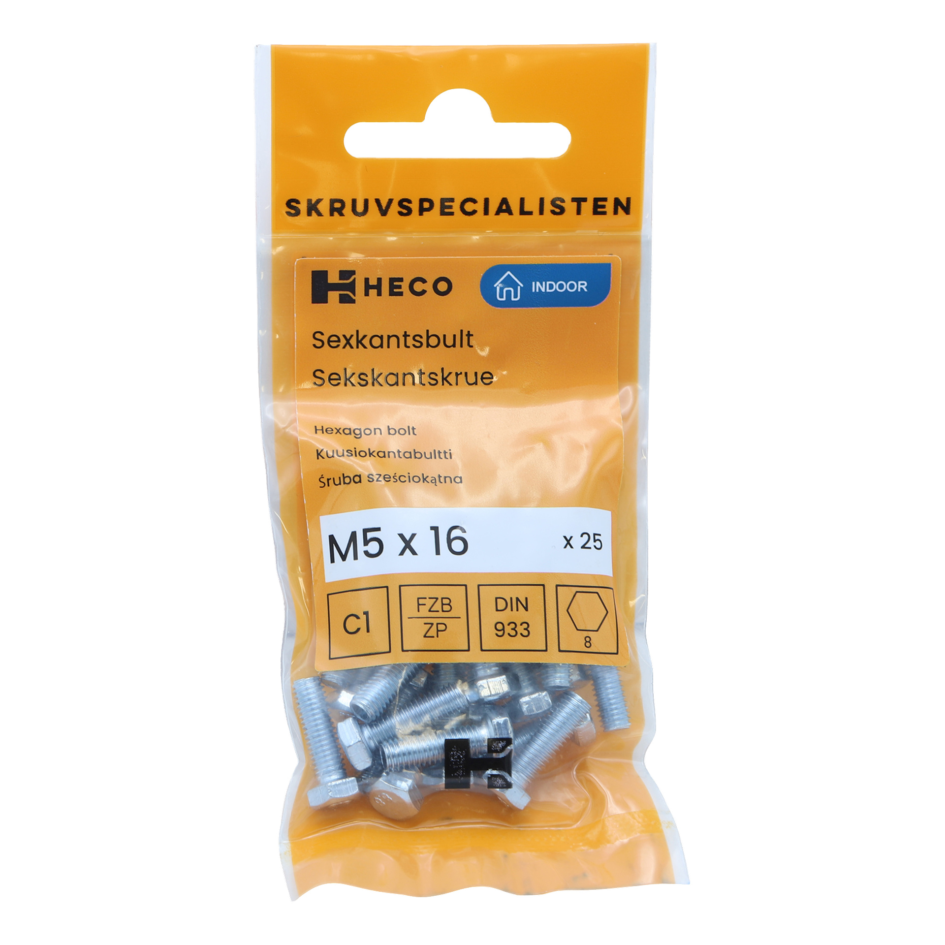 Ett genomskinligt plastpaket från Heco, märkt "25 pack", rymmer 25 silverfärgade hexagonbultar i storlekarna M5 x 16 mm. Förpackningen visar produktinformation och flera certifieringssymboler.