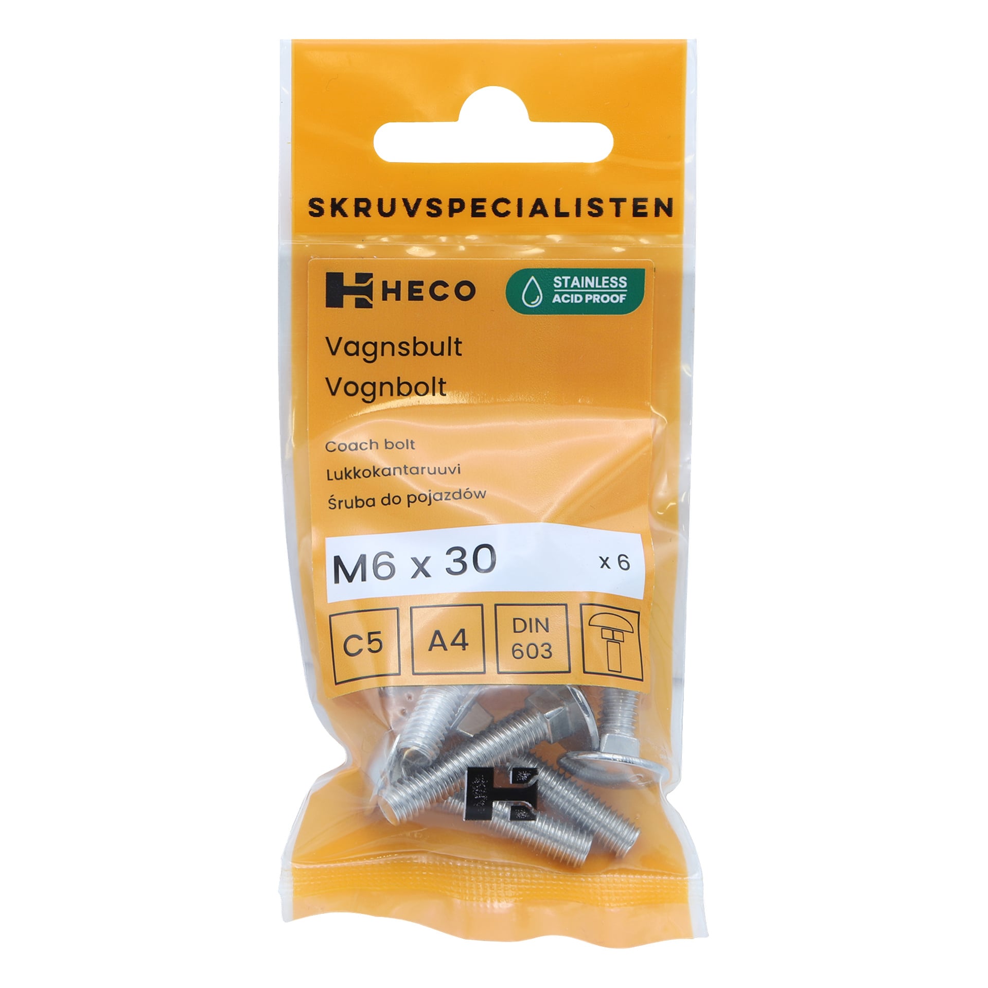 En forseglet oransje og gjennomsiktig plastpakke merket "Heco 6 pack" rommer seks rustfrie stålbolter med målene M6 x 30 mm. Emballasjen fremhever sertifiseringer og produktegenskaper.