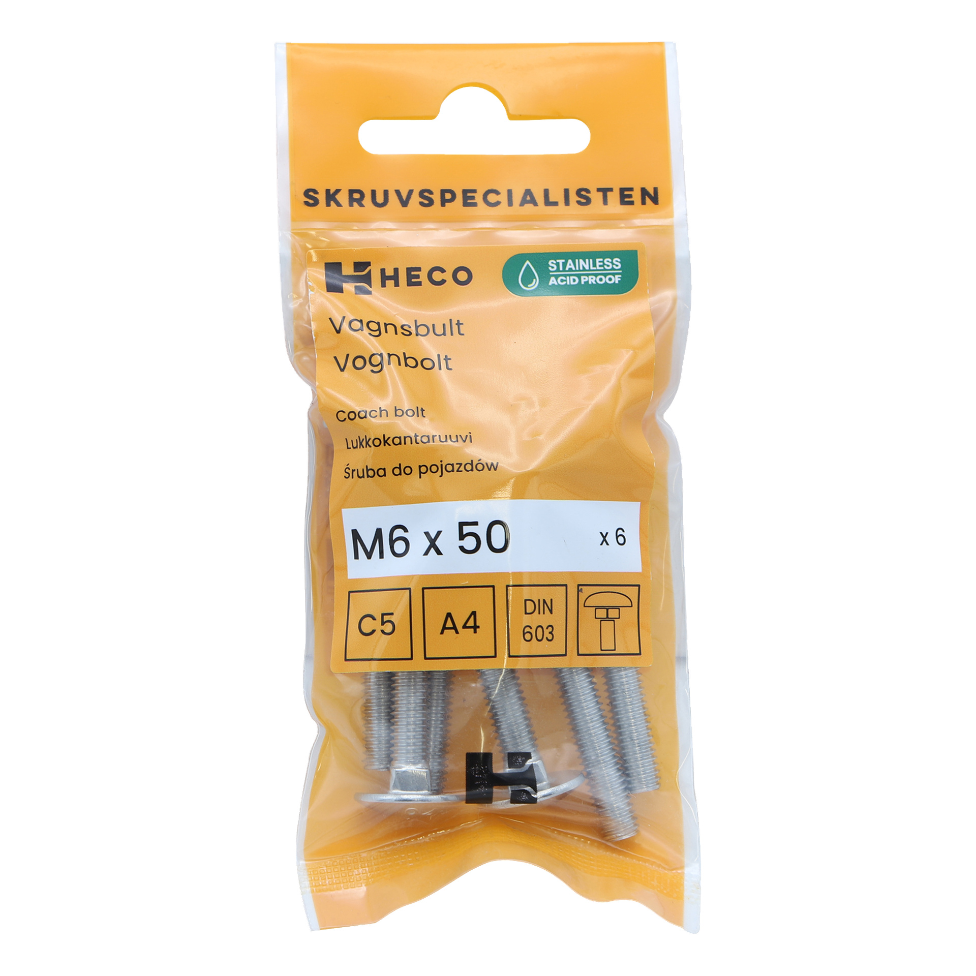 Sex Heco rostfria stålbultar, M6 x 50 mm, är förpackade i orange med synlig produktinformation och ikoner som visar rostfritt stål och syrabeständighet. Bultarna kan ses genom ett transparent fönster på förpackningen.