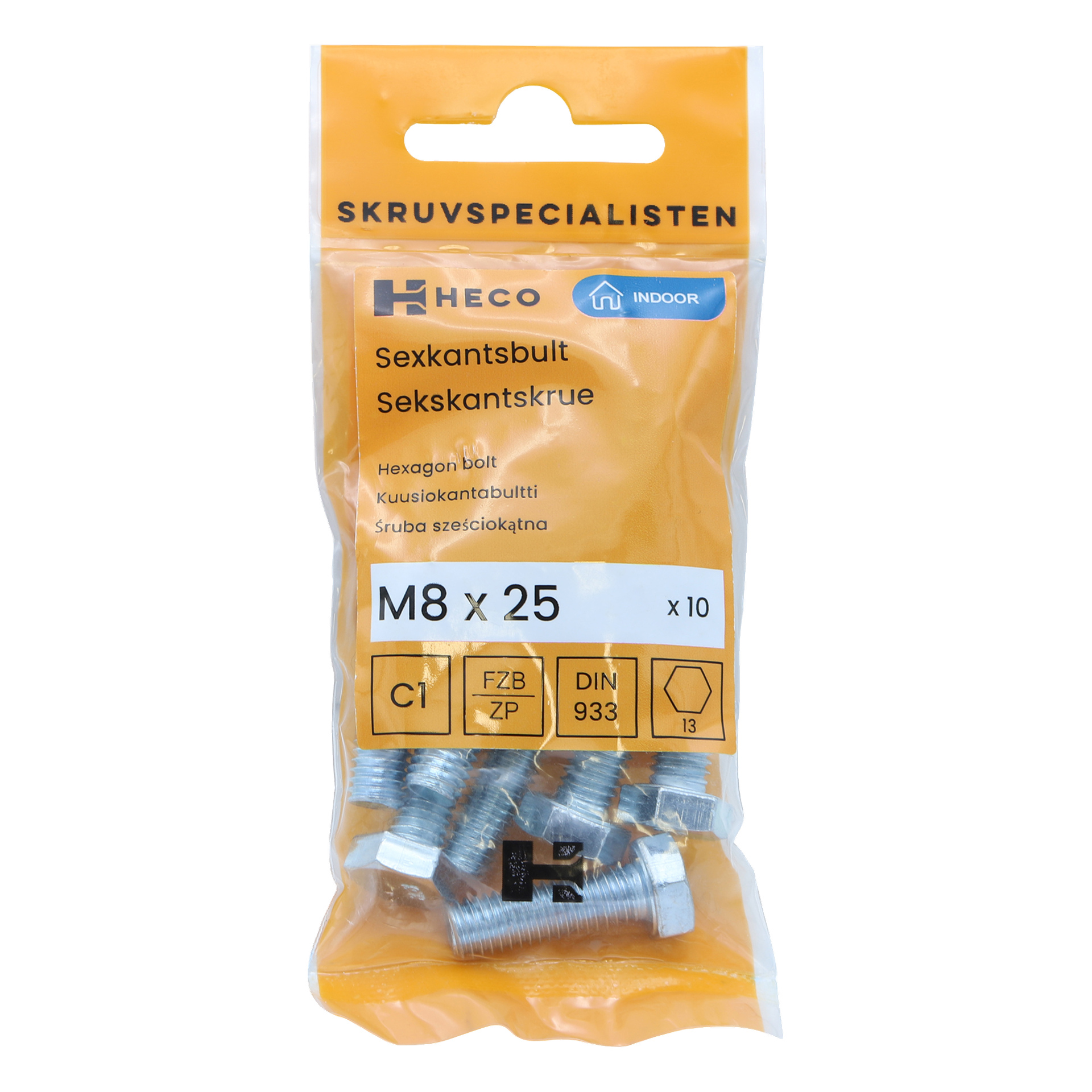 En gjennomsiktig plastpakke med en oransje Heco-etikett som viser «10 pack», som inneholder ti M8 x 25 mm sekskantbolter. Etiketten inneholder merkenavn, produktdetaljer og en strekkode.