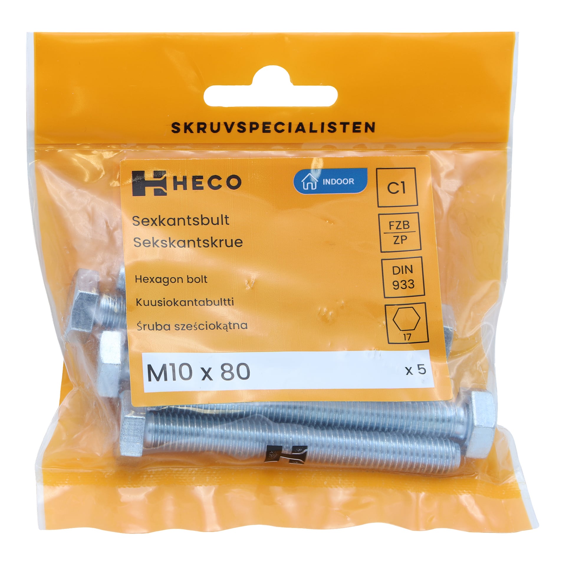 En pakke med fem Heco sølv sekskantbolter (M10 x 80) inne i en gjennomsiktig plastpose, med en oransje etikett som lister produktdetaljer og spesifikasjoner.