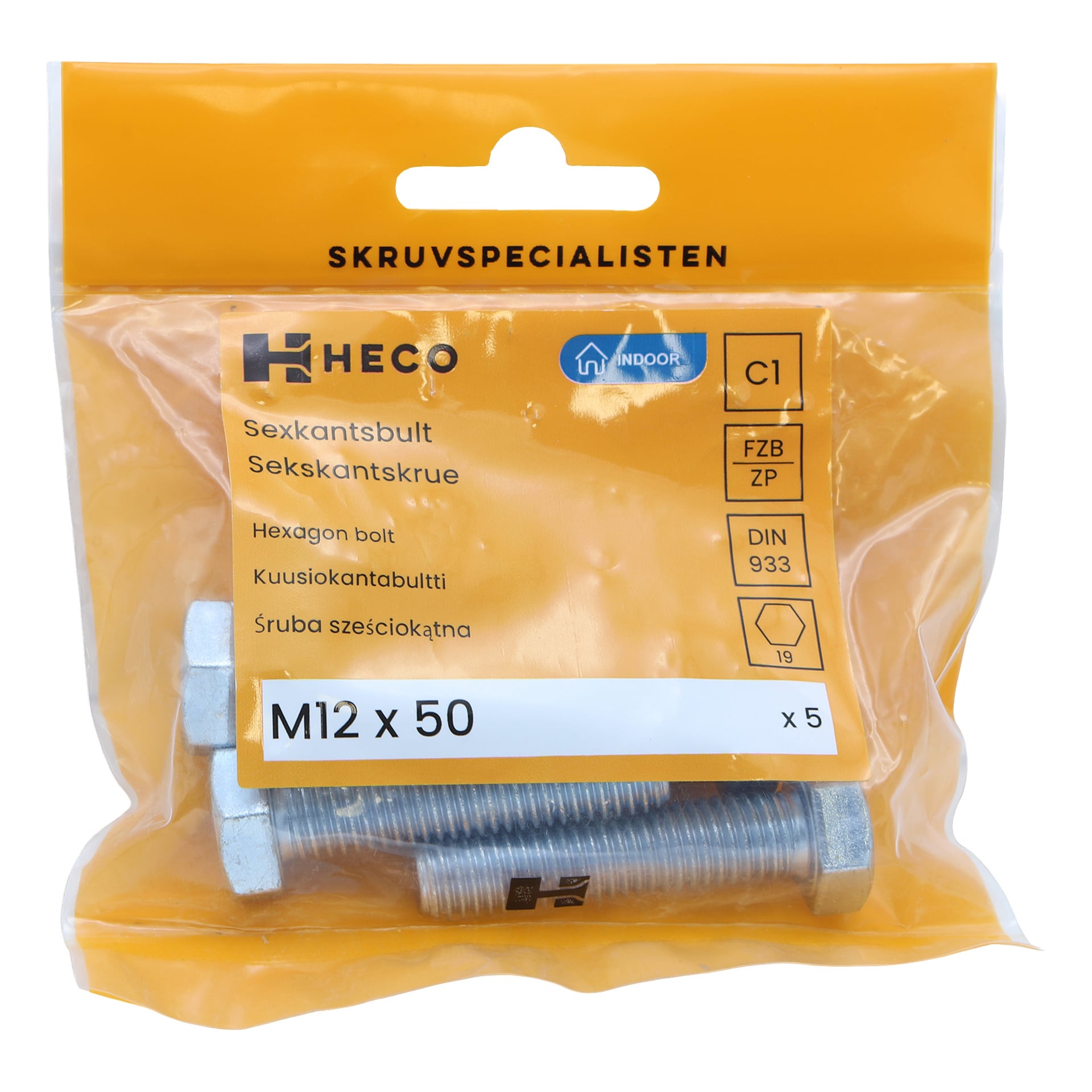 En gjennomsiktig plastpose merket Heco rommer et femdelt sett med M12 x 50 sekskantede bolter. Emballasjen inneholder produktkoder, symboler for innendørs bruk og spesifikasjoner.