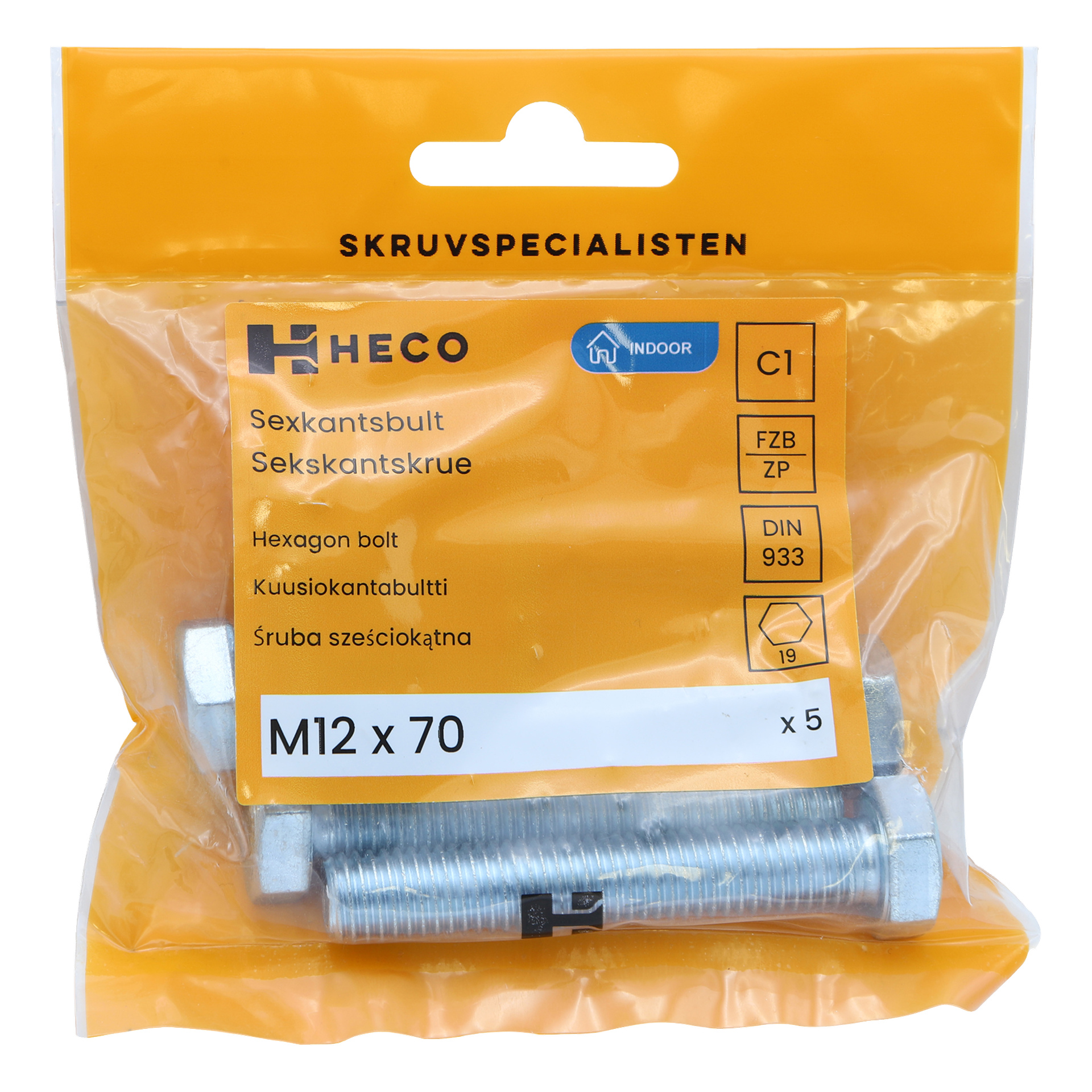 En gjennomsiktig oransje pose merket "Heco 5 pack" rommer fem M12 x 70 sekskantbolter. Etiketten viser produktspesifikasjoner og en strekkode, med flere bolter tydelig synlige inne i emballasjen.