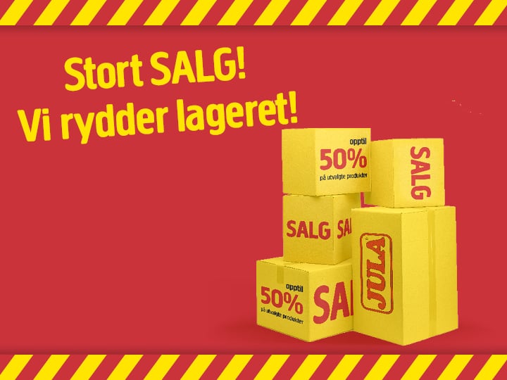 Fire gule bokser med påskriften «SALG» er plassert på en rød bakgrunn med gule striper. Teksten over lyder: «Stort SALG! Vi rydder lageret!», med en tilleggslinje: «Opptil 50 % på utvalgte produkter.».