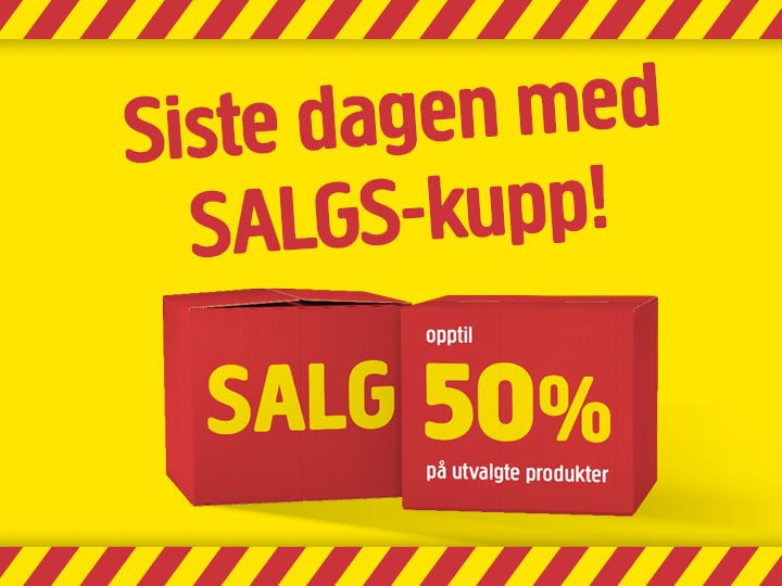 Gul bakgrunn med røde stripete kanter. Teksten lyder «Siste dag med SALGS-kupp!» og «SALG opptil 50 % på utvalgte produkter» ved siden av to røde bokser.
