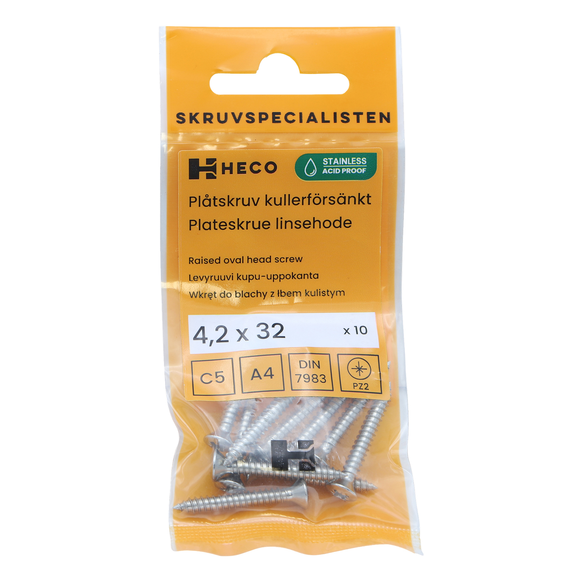 En plastpåse märkt Heco rymmer tio upphöjda ovala skruvar i rostfritt stål, storlekarna 4,2 x 32 mm, med produktdetaljer och en grön etikett där det står Stainless Acid Proof.