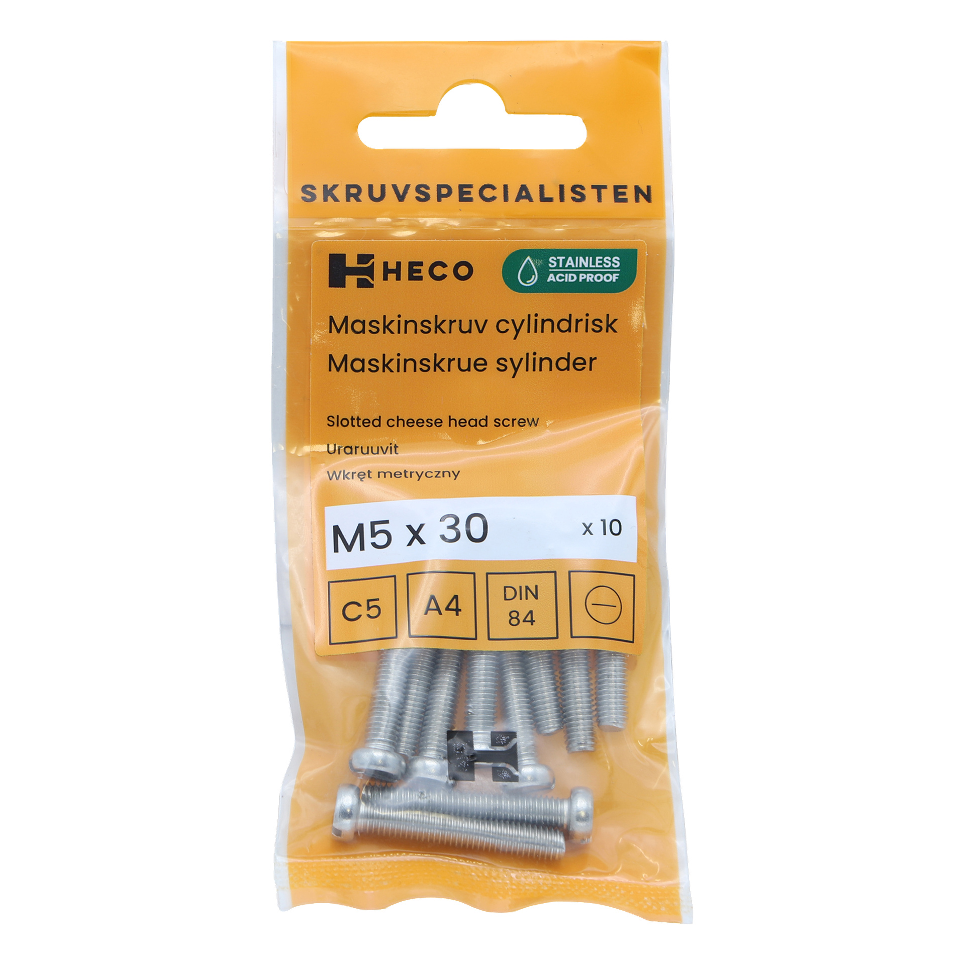 Tio HECO-skruvar, M5 x 30 mm, med rostfria osthuvuden i slits, packas i en orange och transparent behållare med tekniska etiketter och skruvarna inuti.