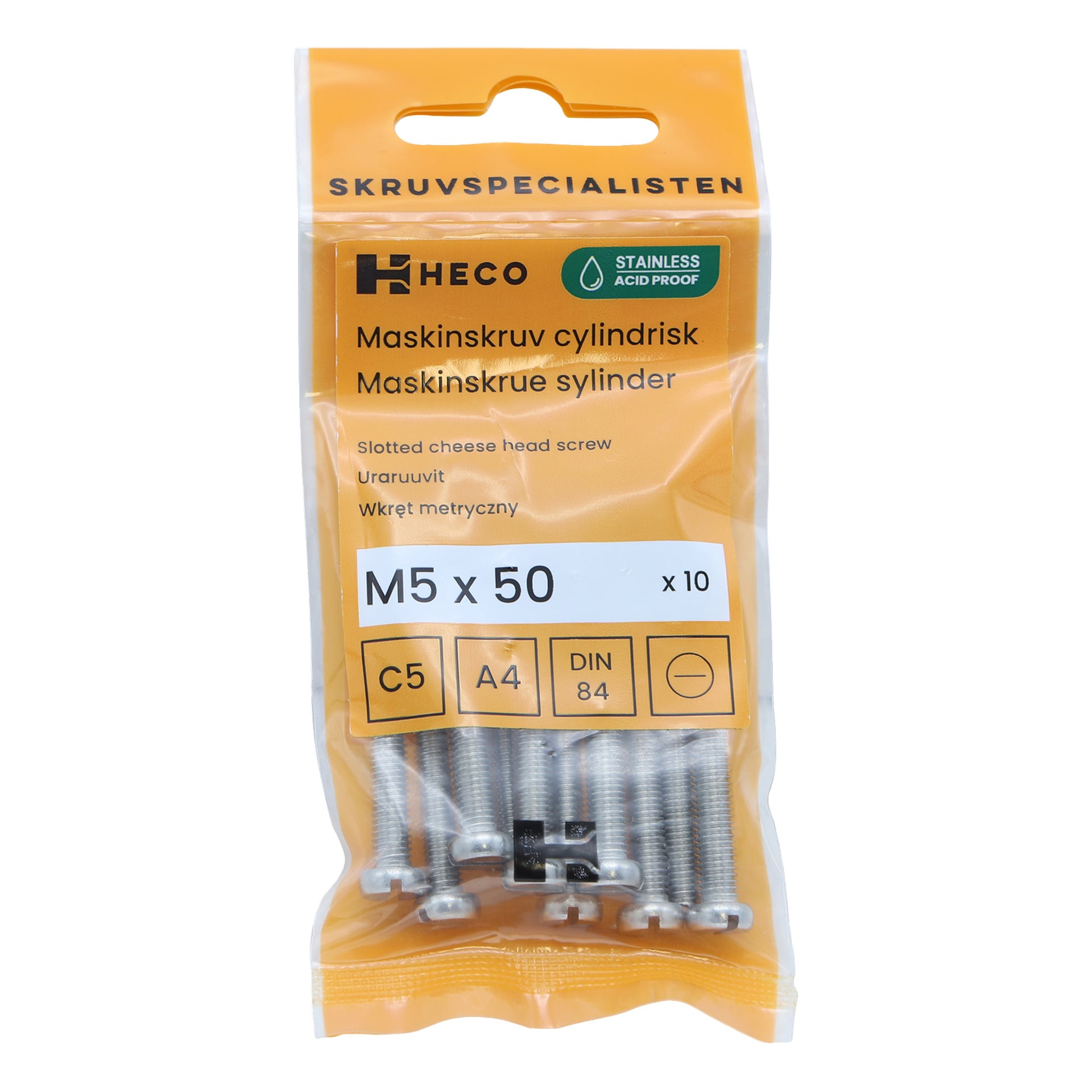 En pakke med ti Heco-skruer (M5 x 50 mm) med ostehoder i rustfritt stål, merket som syrefast, vises i en oransje og gjennomsiktig pakke med ulike produktdetaljer.