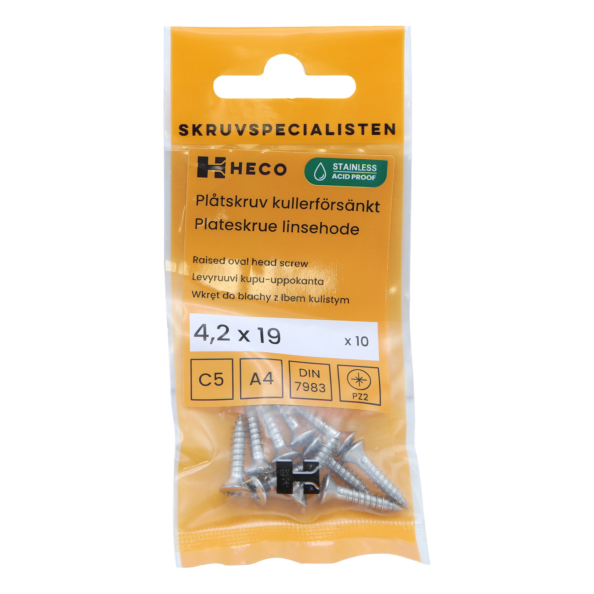 Ett 10-delat paket med Heco-skruvar, var och en 4,2 x 19 mm och tillverkad med rostfria ovala toppar. Skruvarna syns inuti genomskinlig och gul förpackning som har produktinformation tryckt på framsidan.