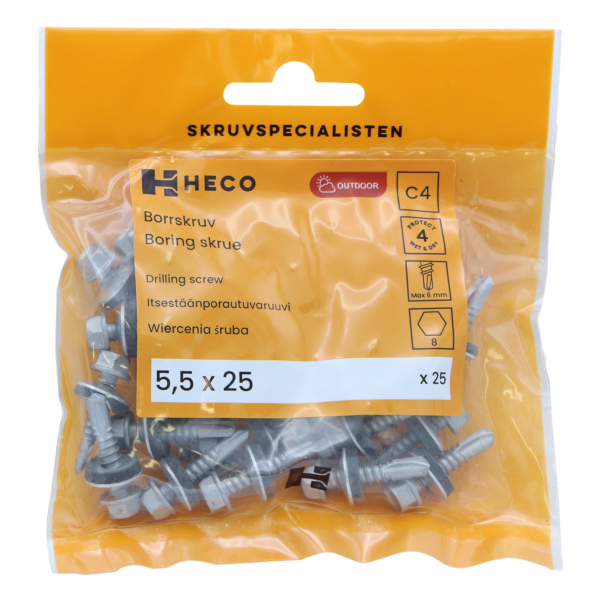Läpinäkyvä kotelo, jossa lukee Heco Drilling Screws, sisältää 25 hopeista ruuvia, kukin kooltaan 5,5 x 25 mm. Pakkauksen symbolit osoittavat ulkokäyttöön soveltuvuuden, C4-korroosioluokituksen ja yhteensopivuuden jopa 4 mm paksujen materiaalien kanssa.