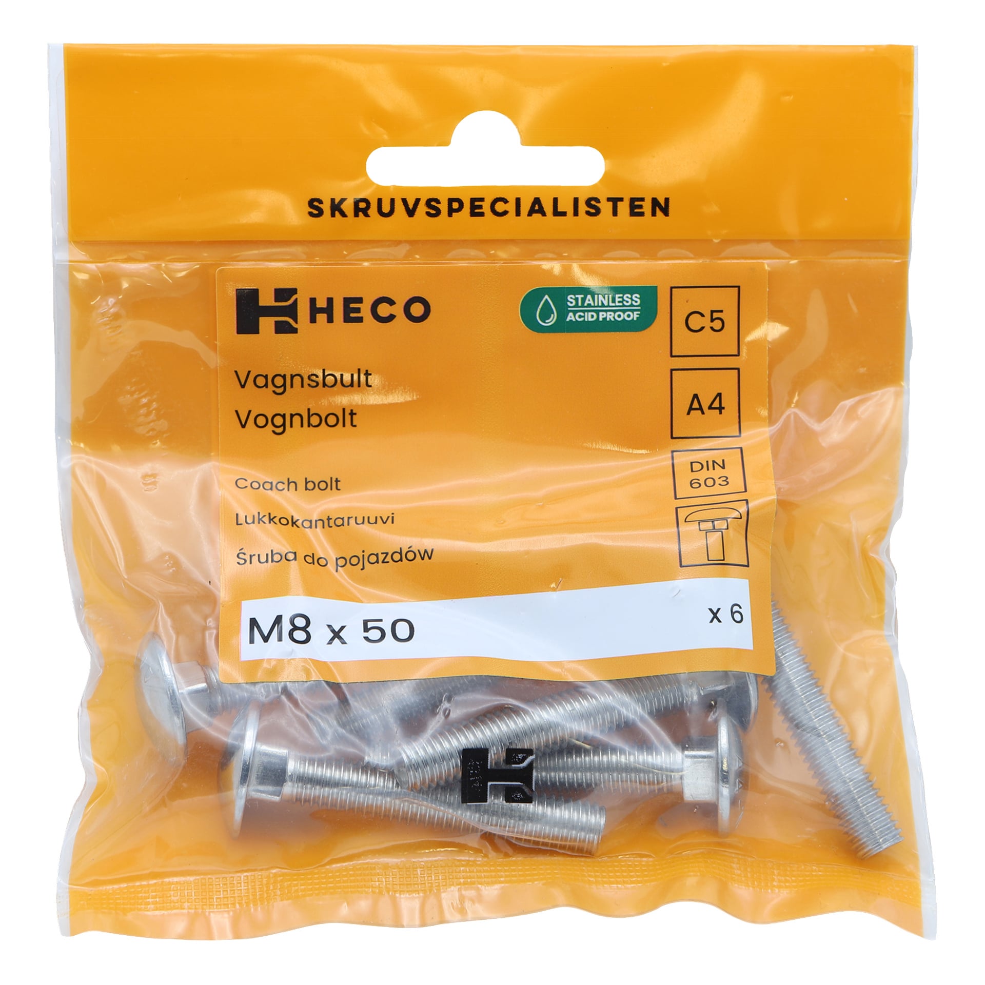 Ett paket med sex Heco-bussbultar, M8 x 50 mm, är förseglat i en genomskinlig orange påse. Förpackningen visar etiketter för rostfritt syratålighet, C5, A4 och DIN 603-standarder, med bultarna tydligt synliga inuti.