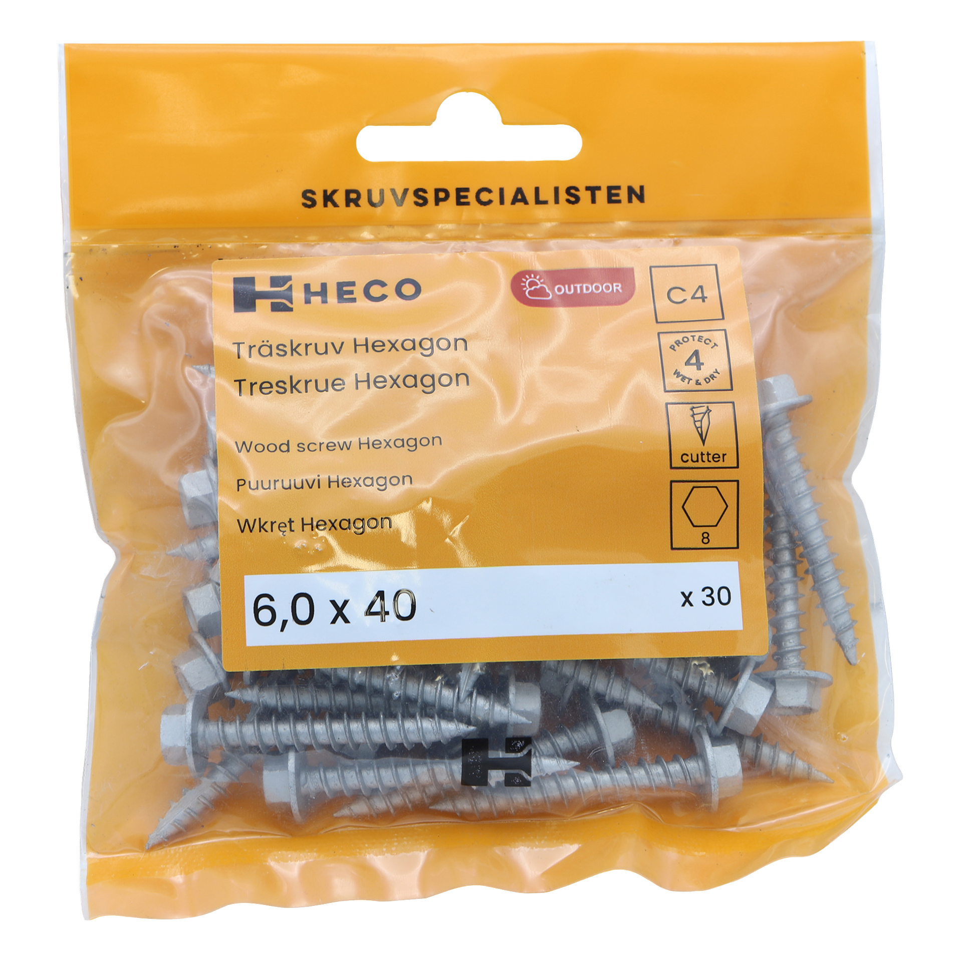 Kelta-oranssi muovipussi, jossa on "Heco"-brändäys, sisältää 30 kuusikulmaista puuruuvia, kooltaan 6,0 x 40 mm. Pakkauksessa on Heco-logo, tuotetiedot ja kuva ruuvista.