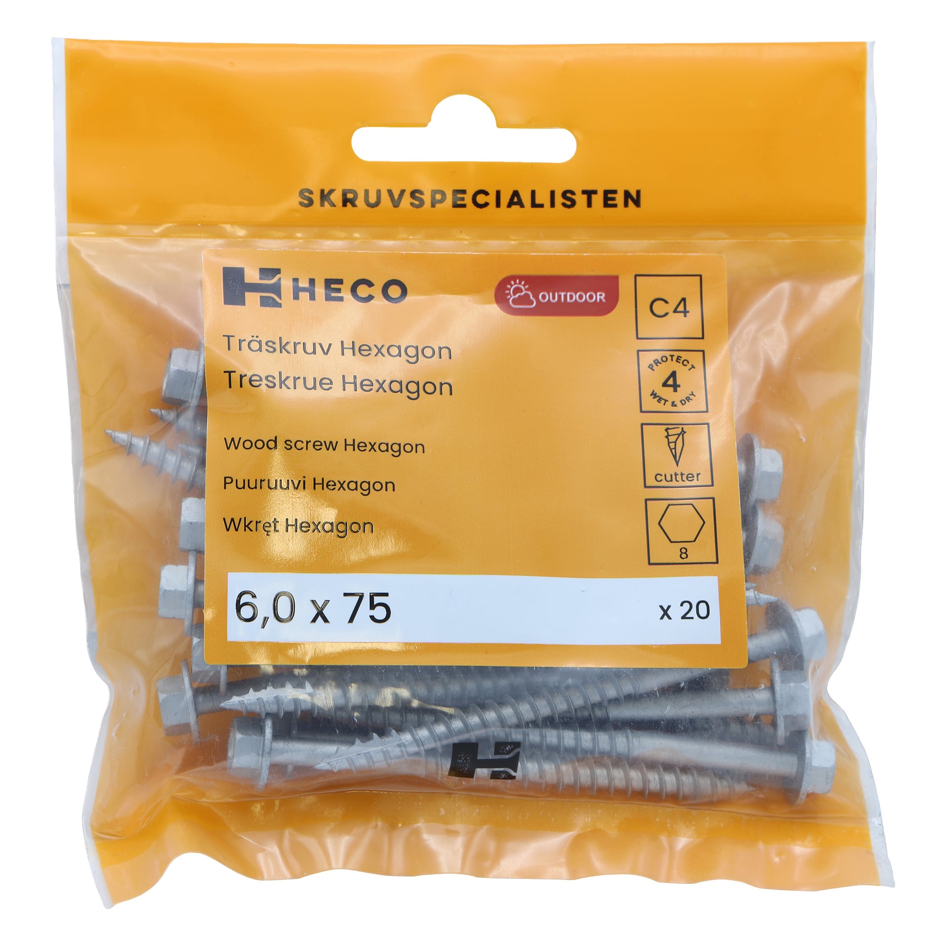 Läpinäkyvä muovipussi sisältää 20 Heco-puuruuvia, joista jokainen on kooltaan 6,0 x 75 mm. Oranssi etiketti näyttää tuotteen tekniset tiedot ja korostaa C4-korroosiosuojaa ulkokäyttöön.