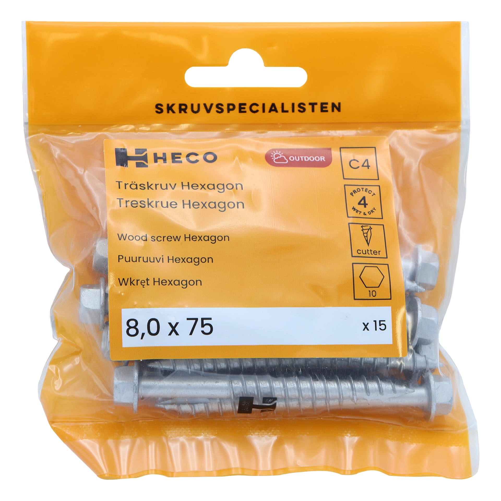 En forseglet plastpakke med Heco treskruer med sekskantede hoder, 8,0 x 75 mm størrelse, med plass til 15 biter. Den oransje og gule etiketten viser produktinformasjon og beskrivelser på flere språk.