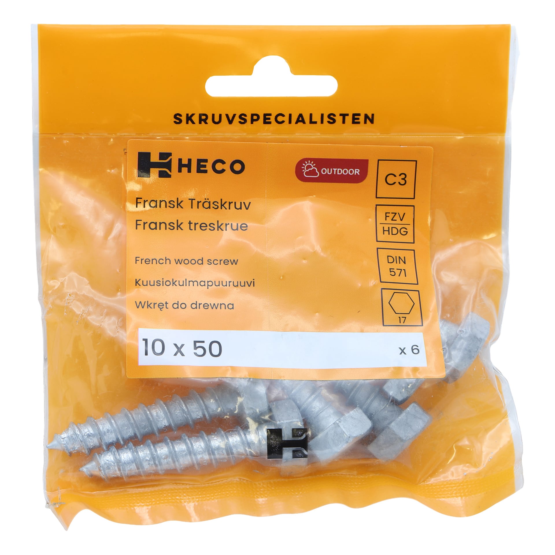 Ett set med sex Heco franska träskruvar med sexkantade huvuden, 10 x 50 mm, förpackade i en klar orange påse som visar produktdetaljer på etiketten.