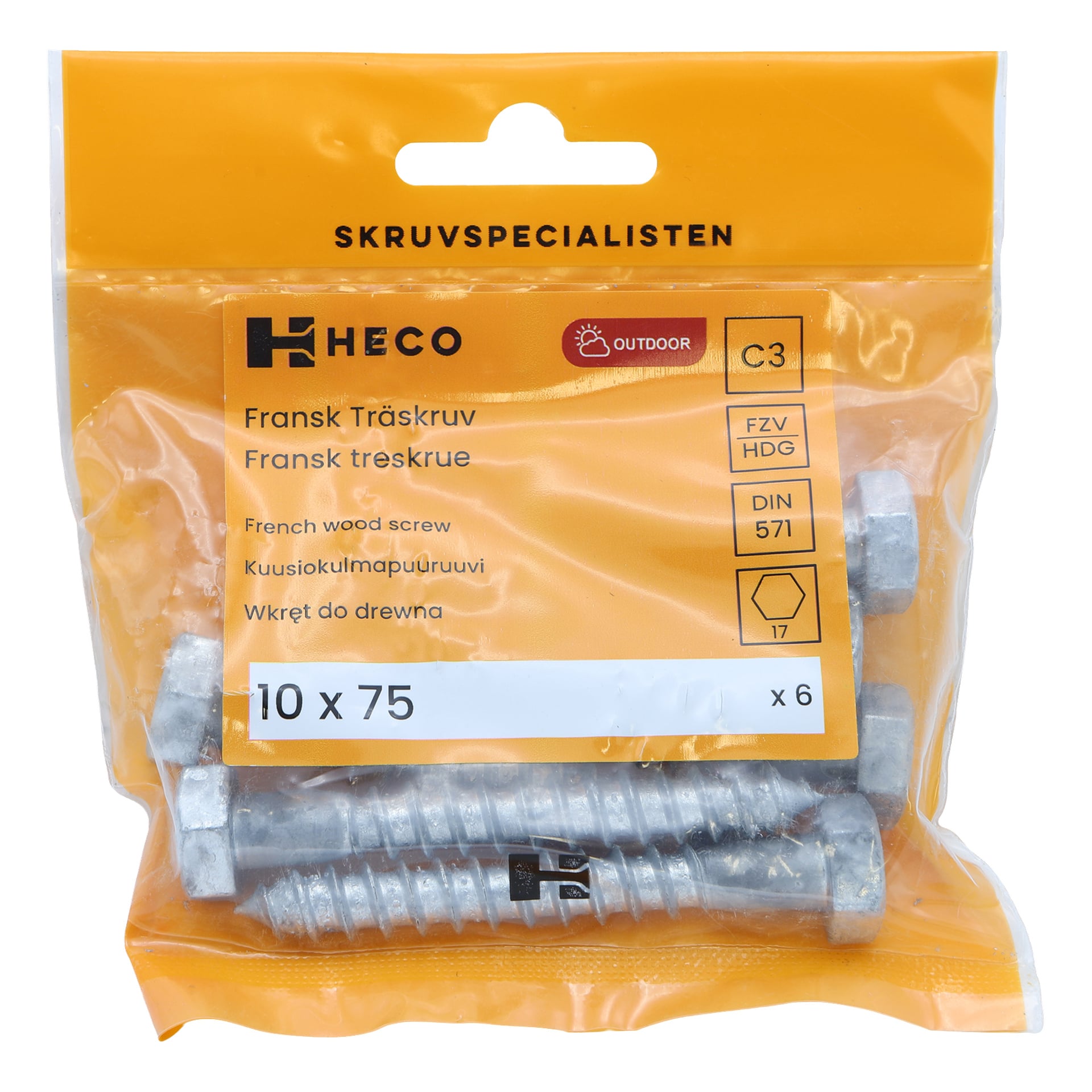 Et sett med seks Heco franske treskruer, hver 10 x 75 mm, pakket i en gjennomsiktig oransje plastpose med produktdetaljer og en Skruspecialisten-etikett på forsiden.