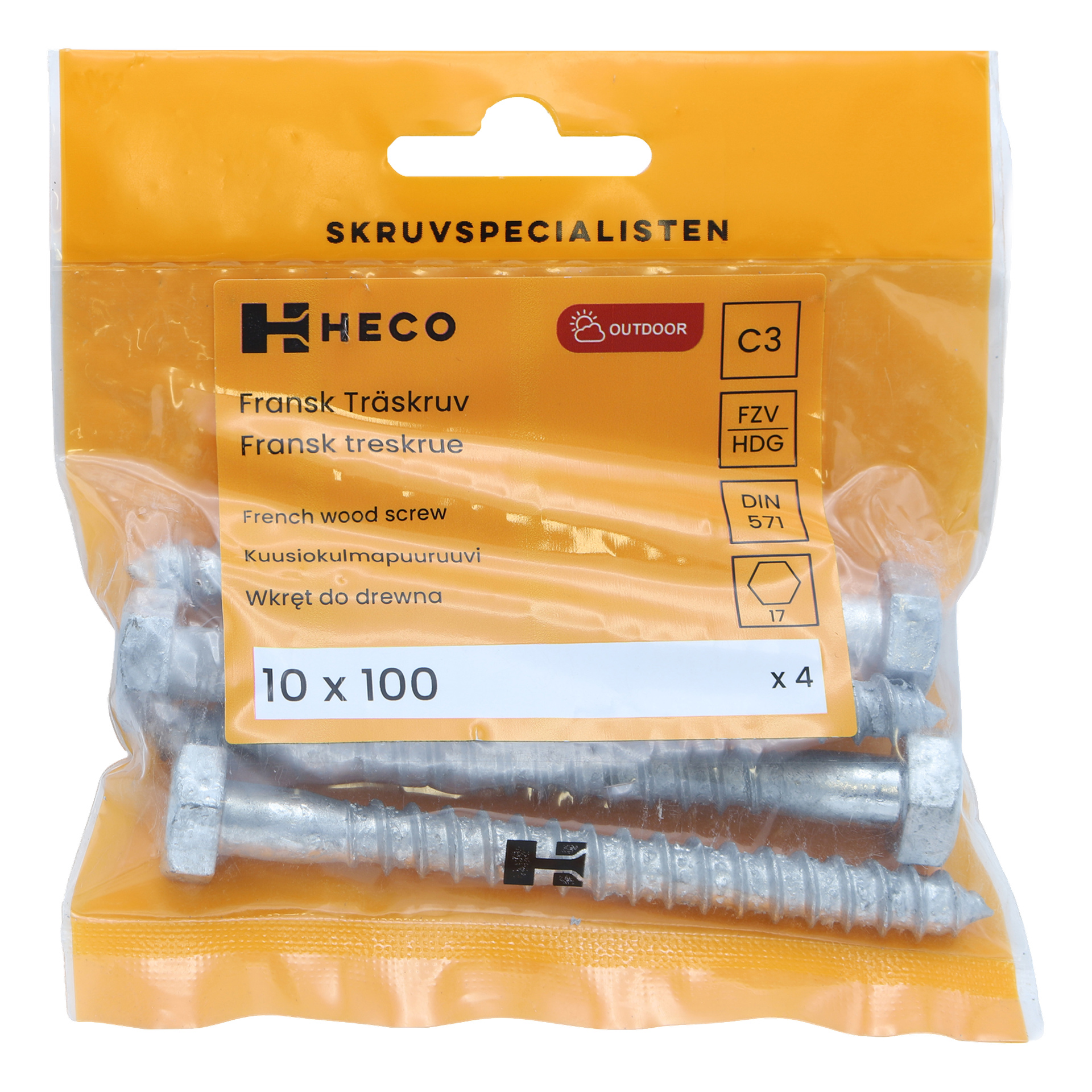 Muovikotelo, jossa lukee "Heco", sisältää neljä sinkityä ranskalaista puuruuvia, jokainen kooltaan 10 x 100 mm. Oranssi ja läpinäkyvä pakkaus paljastaa ruuvit ja paljastaa erilaisia tuotetietoja.