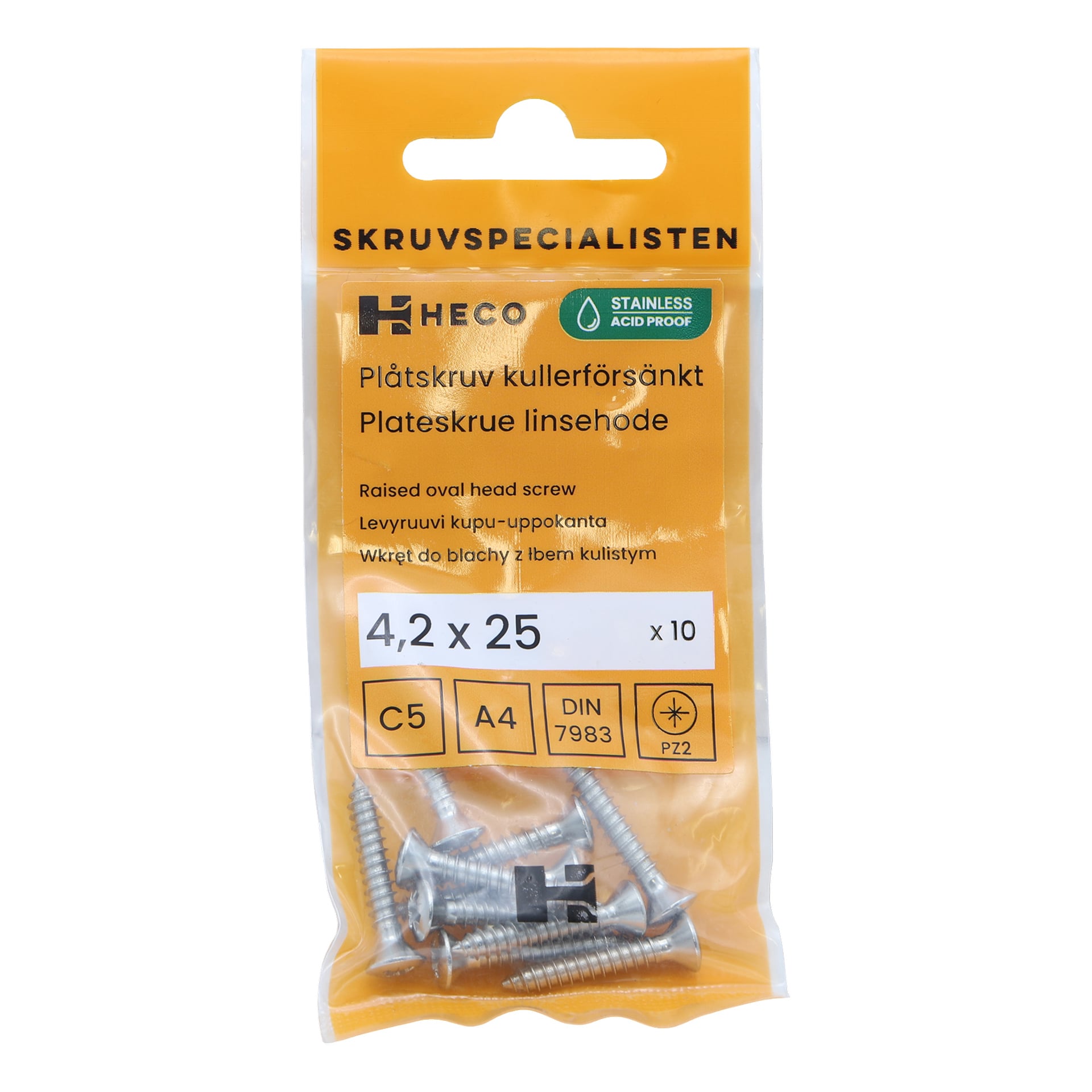 Ett plastpaket med Heco-märket rymmer tio ovala skruvar i rostfritt stål, var och en 4,2 x 25 mm. Förpackningen visar produktdetaljer och innehåller symboler för standarder och korrosionsbeständighet.