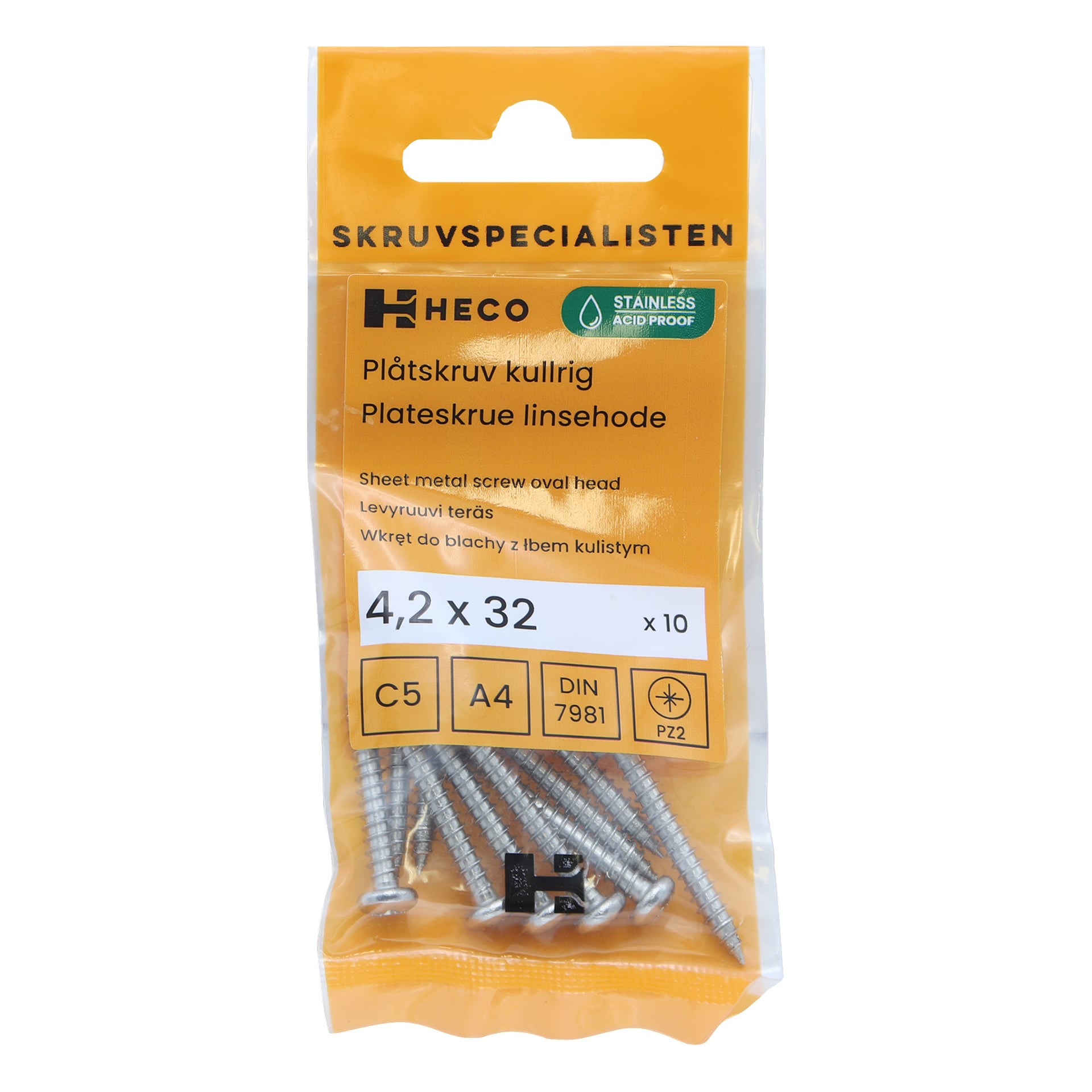 En gul og klar plast "Heco"-pakke rommer ti ovale metallskruer med rustfritt stålhode, målt 4,2 x 32 mm. Tekniske detaljer og produktbeskrivelser er trykt på emballasjen.