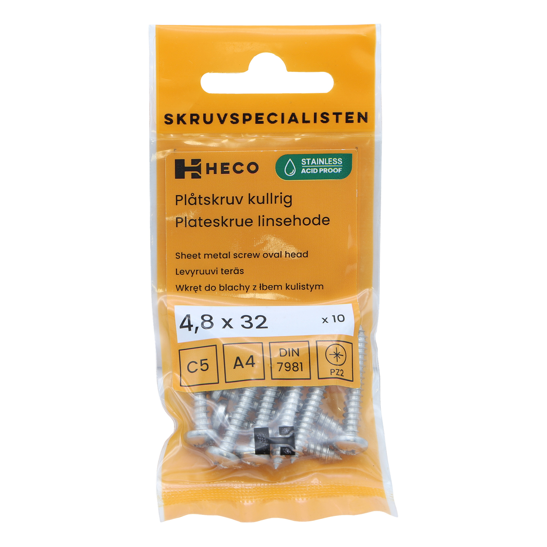 Ett gulorange Heco Screws 10-pack, med ovala skruvar i storlekarna 4,8 x 32 mm (10 stycken), med produktspecifikationer listade på förpackningen.