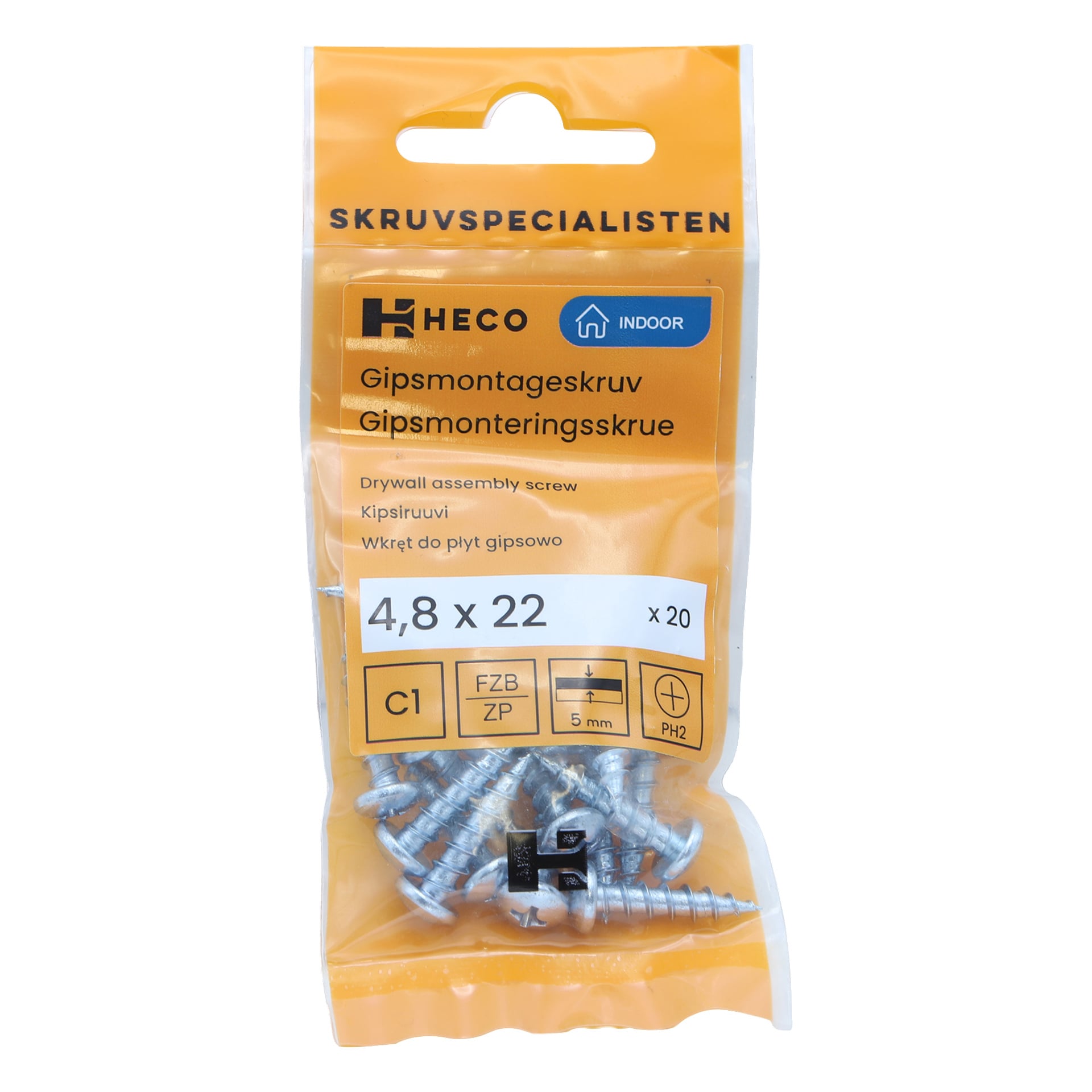 En gul plastpakke med Heco gipsskruer, bestående av 20 stykker på 4,8 x 22 mm, med ulike produktdetaljer og spesifikasjoner trykt på emballasjen.