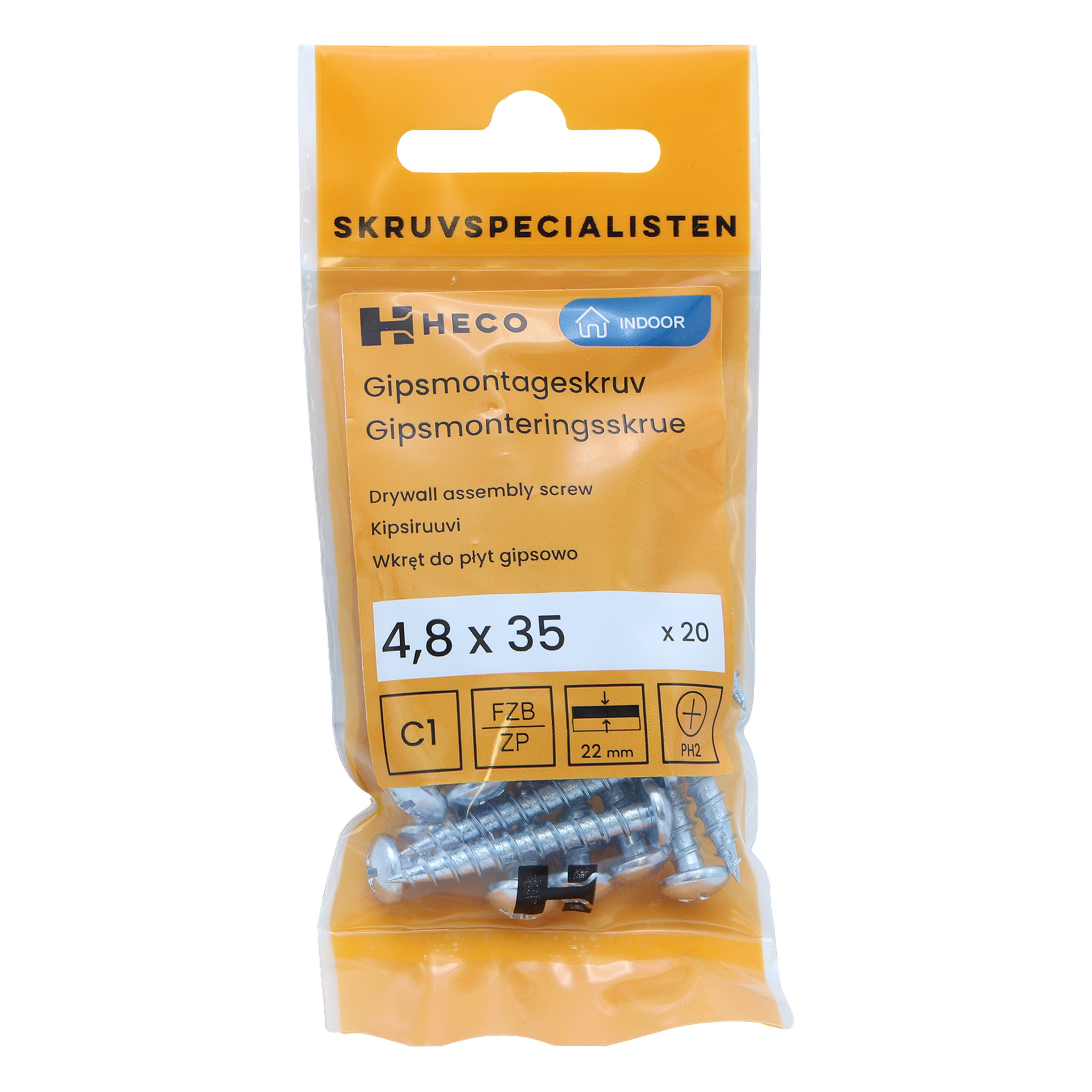 Ett 20-pack Heco Gipsskruvar, storlek 4,8 x 35 mm, i en orange låda med produktdetaljer, specifikationer och symboler på förpackningen; Flera skruvar kan ses inuti.