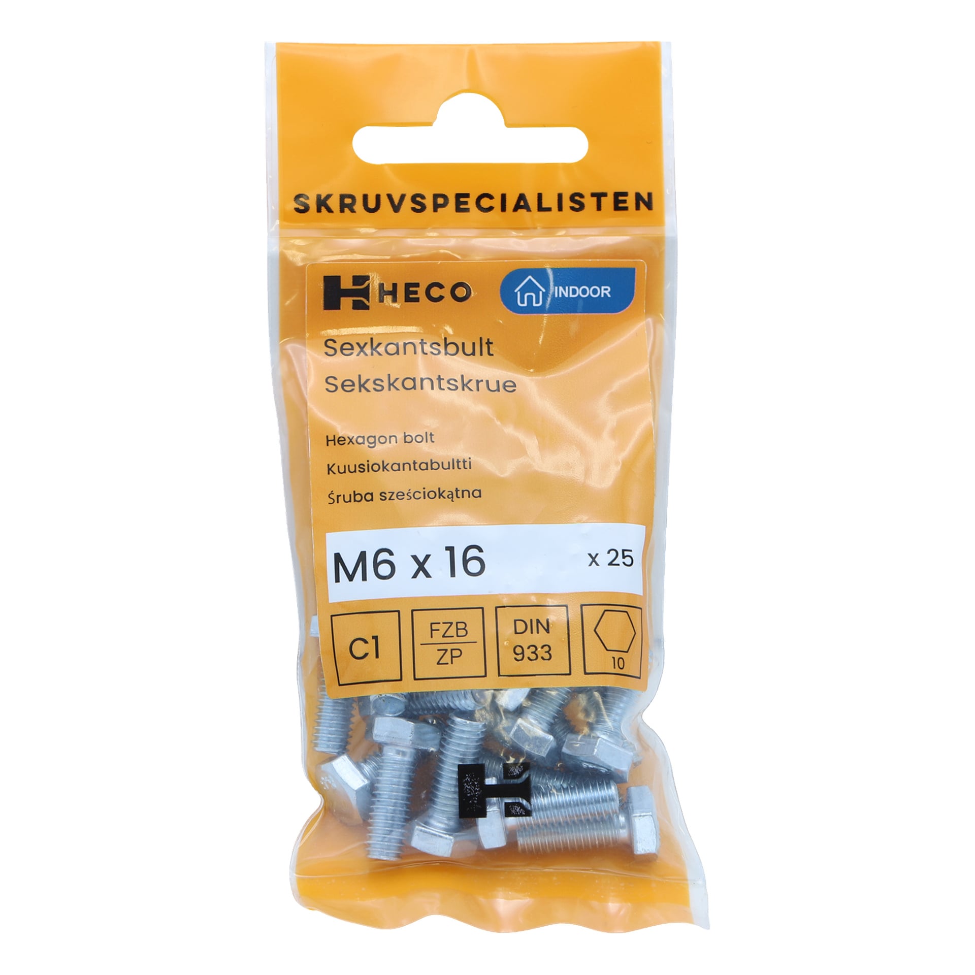 Kirkas muovi-oranssi pakkaus, jossa lukee Skrutvspecialisten, sisältää 25 M6 x 16 mm kuusikulmapulttia Heco-merkiltä, ja pakkauksessa on tuotetiedot sekä erilaiset kuvakkeet.