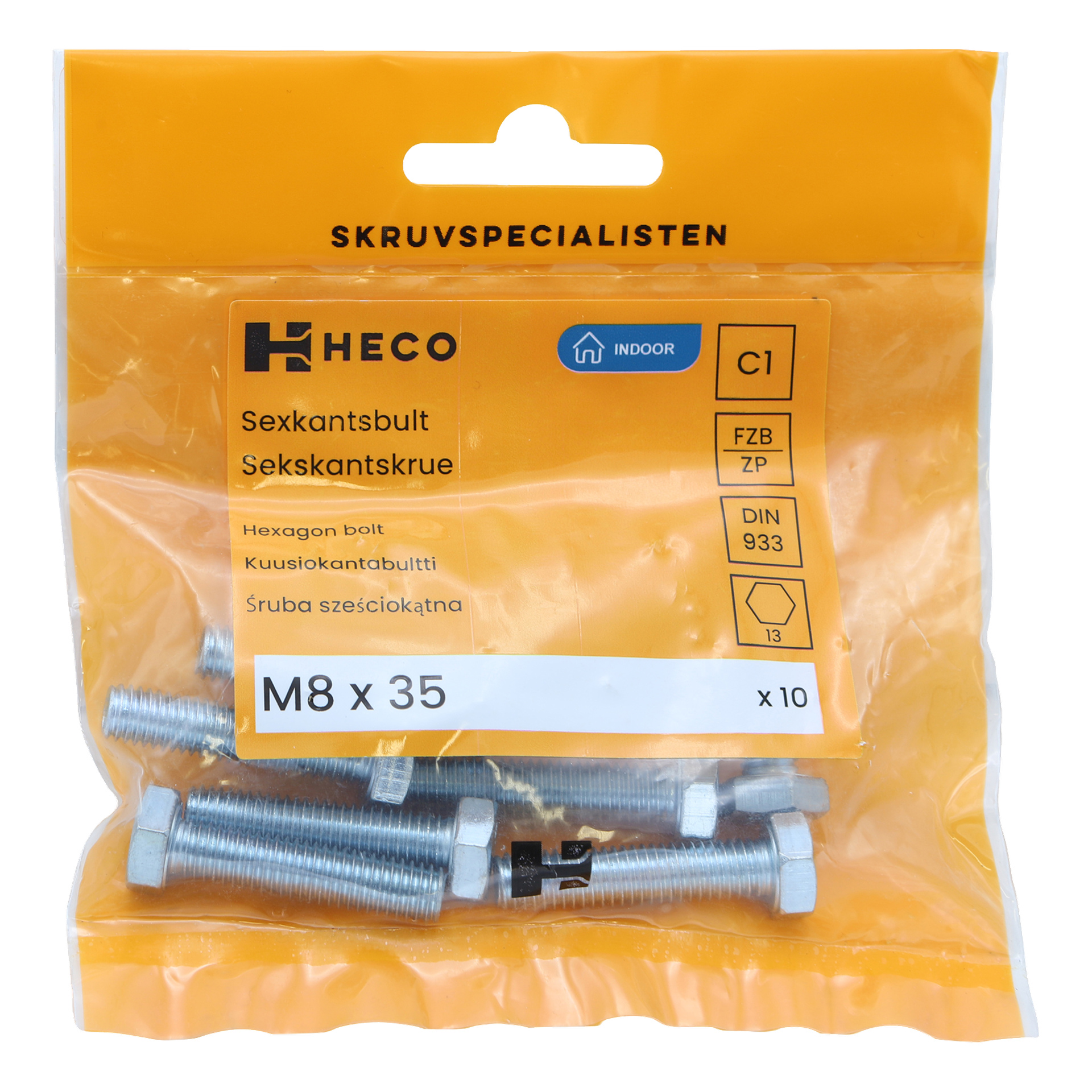 Heco 10 -paketti M8 x 35 mm kuusikulmaisia pultteja on esillä oranssissa uudelleensuljettavassa pussissa, jossa on tuotetiedot ja symbolit, jotka osoittavat soveltuvuuden sisäkäyttöön.