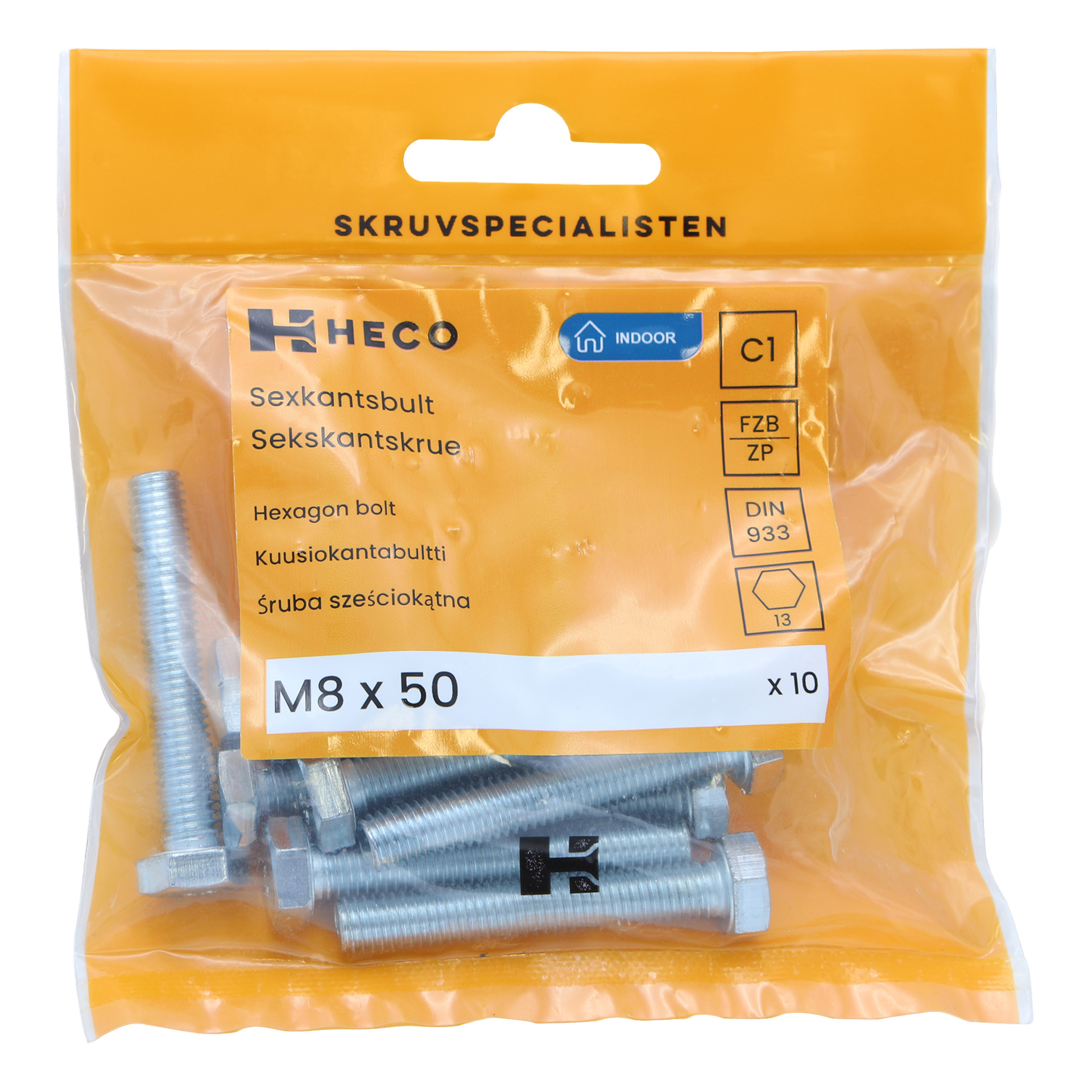 Läpinäkyvä muovipussi, jossa on oranssi etiketti ja merkitty "10 pack" ja Heco-merkki, sisältää kymmenen M8 x 50 kuusikulmapulttia. Etiketti näyttää tuotemerkin nimen ja tuotetiedot sekä lisäkuvaukset.