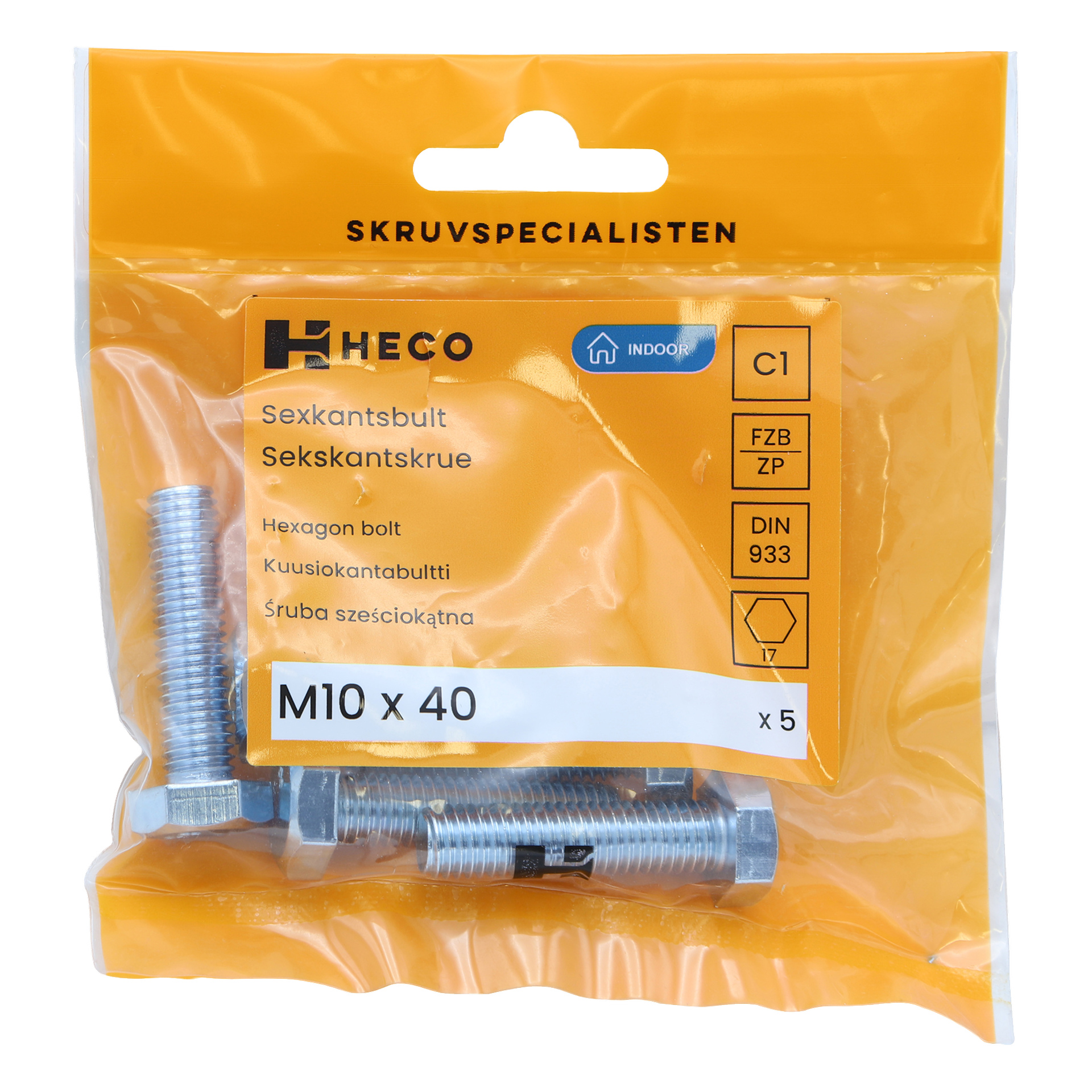 Läpinäkyvä muovipakkaus, jossa on viisi Heco-metallikuusiokolopulttia, ja oranssi ylätarra, jossa näkyy tuote- ja kokotiedot, M10 x 40, ja se kertoo, että kyseessä on 5-pakkaus.