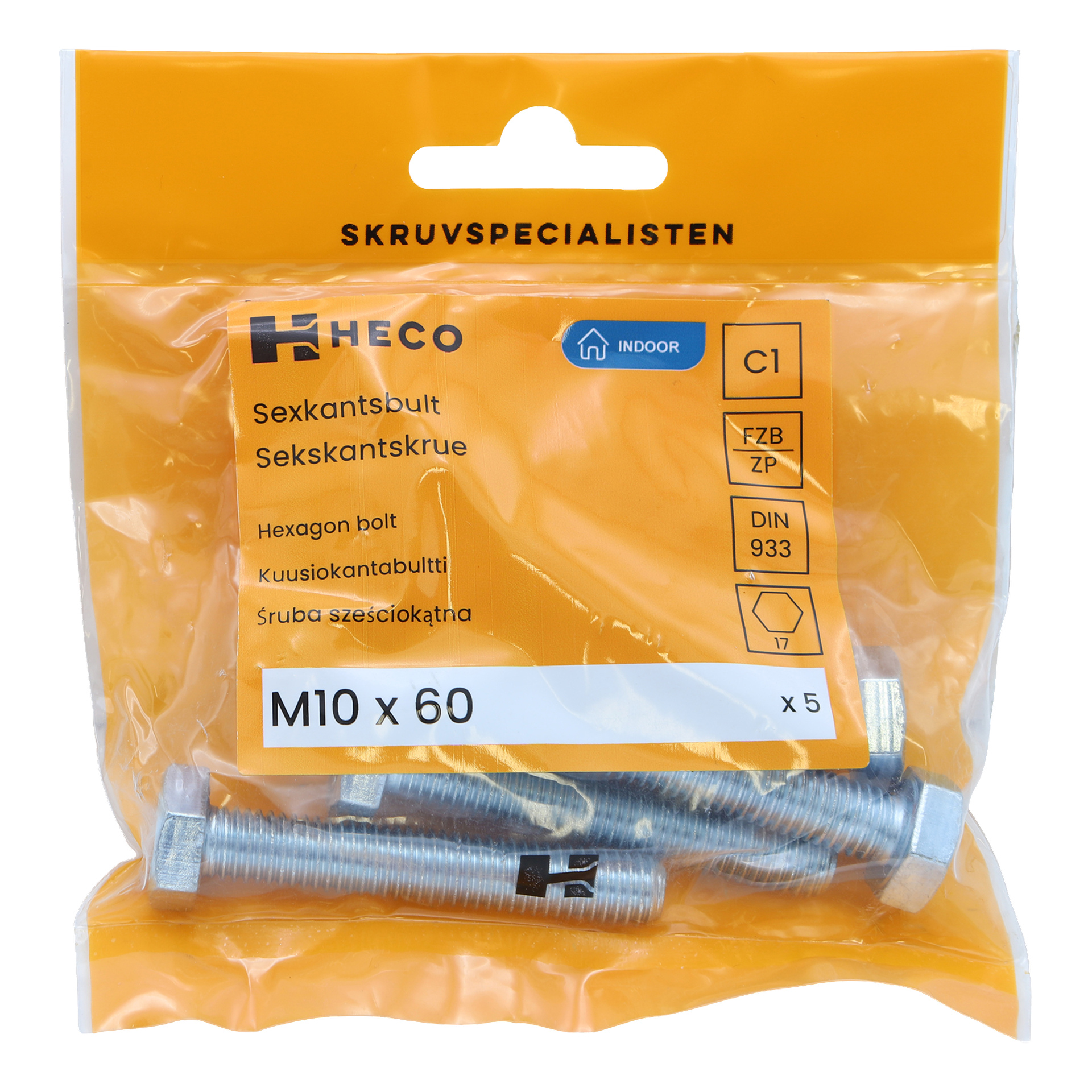 Oranssi muovipussi, jossa lukee "Heco", sisältää viisi M10 x 60 mm kuusikulmapulttia, joissa tuotetiedot ja viivakoodi on selkeästi esillä.