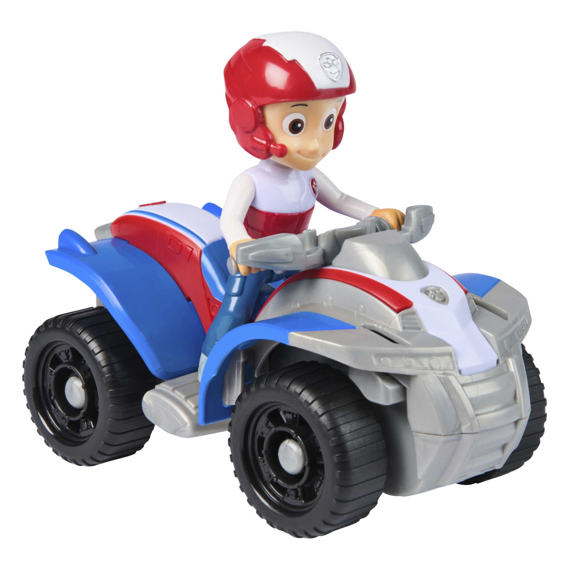 Paw Patrol Ryder -lelu esittää lapsihahmon punaisessa kypärässä ja valkoisissa vaatteissa sinivalkoisella ja harmaalla nelipyöräisellä ajoneuvolla, jossa on suuret mustat renkaat. Lelu on leikkisä sarjakuvamainen ja sopii pienille lapsille.