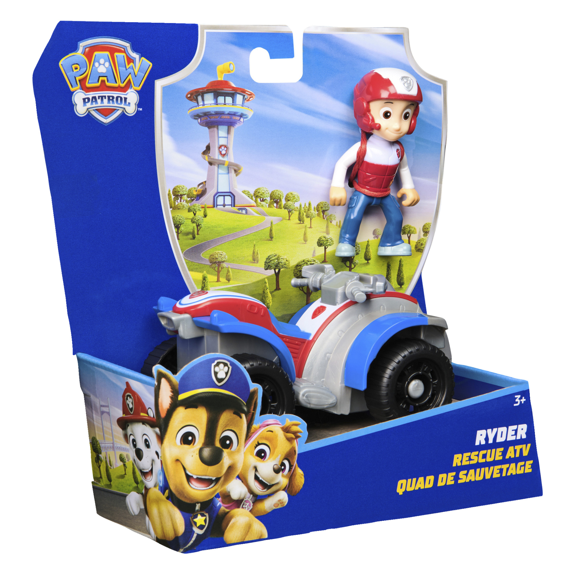 Paw Patrol Ryder -leluauto pakkauksessa, jossa on Ryder-hahmo punaisessa kypärässä ja liivissä, mönkijäajoneuvo sekä taustalla kuvattu Adventure Bayn näköalatorni. Sopii yli 3-vuotiaille lapsille.
