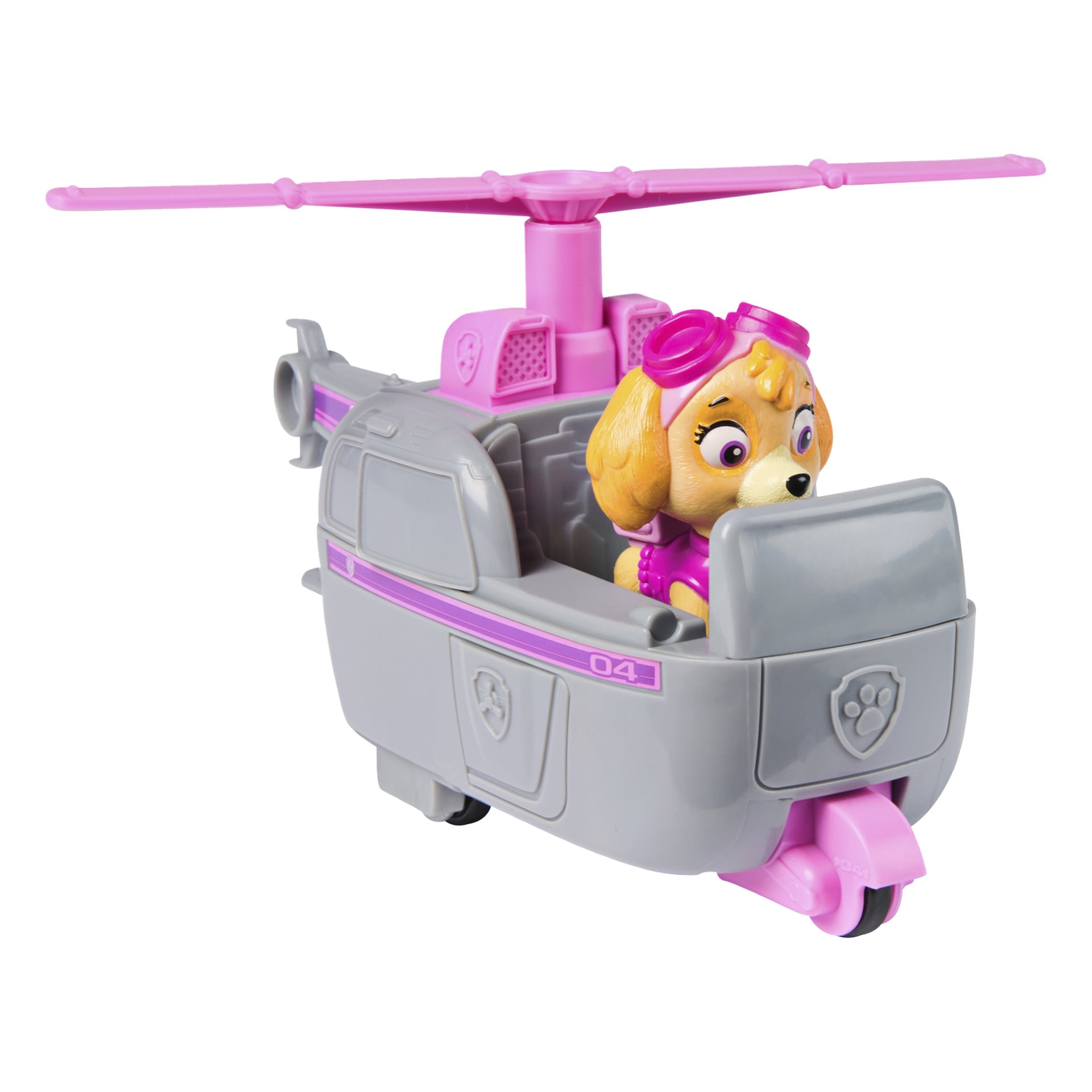 Paw Patrol Skye -helikopterilelu sisältää vaaleanpunaisia roottoreita ja yksityiskohtia, ja Skye, koirahahmo, joka on pukeutunut vaaleanpunaiseen asuun ja suojalaseihin, istuu ohjaamossa. Helikopterin sivulla on numero 04 ja tassusymboli.