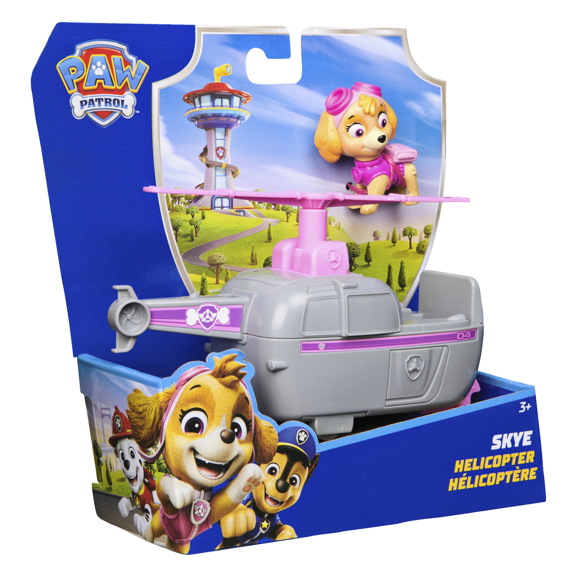 Paw Patrol Skye -lelusarjaan kuuluu vaaleanpunainen ja harmaa helikopteri, jonka päällä Skye-hahmo istuu. Pakkauksessa Skye esiintyy muiden Paw Patrol -hahmojen kanssa ja taustalla on kuva tornista. Alle 3-vuotiaille lapsille.