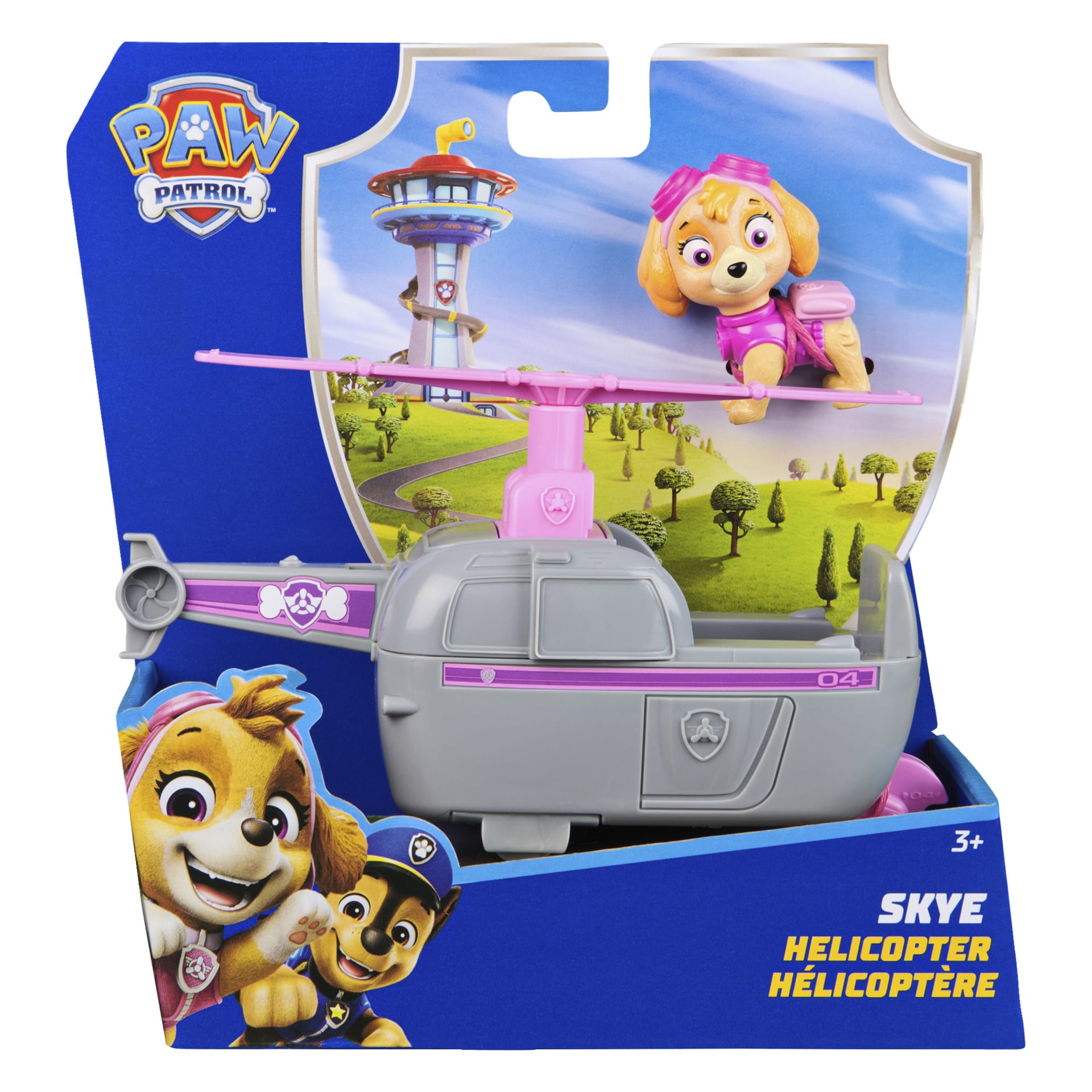 Paw Patrol Skye -leluhelikopterisettiin kuuluu Skye-hahmo harmaan ja vaaleanpunaisen helikopterin yläpuolella. Pakkauksessa on Paw Patrolin logo, tähystystorni, kuvia muista hahmoista sekä sanat "Skye Helicopter" ja "Hélicoptère".
