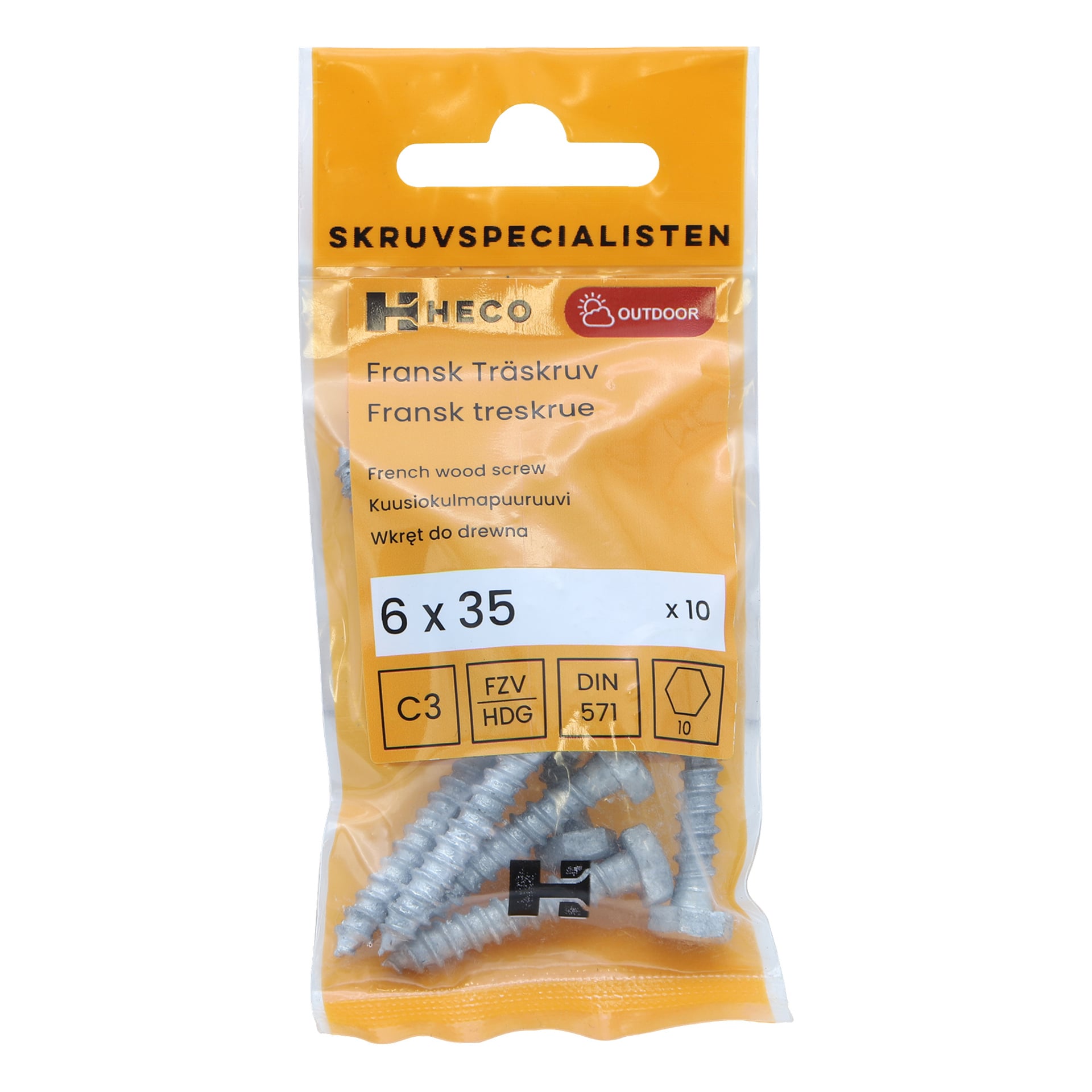 En plastpakke merket Heco French timber screws 10-pakke inneholder 10 skruer, hver 6 x 35 mm. Emballasjen viser ulike ikoner som viser utendørs bruk og tekniske detaljer.