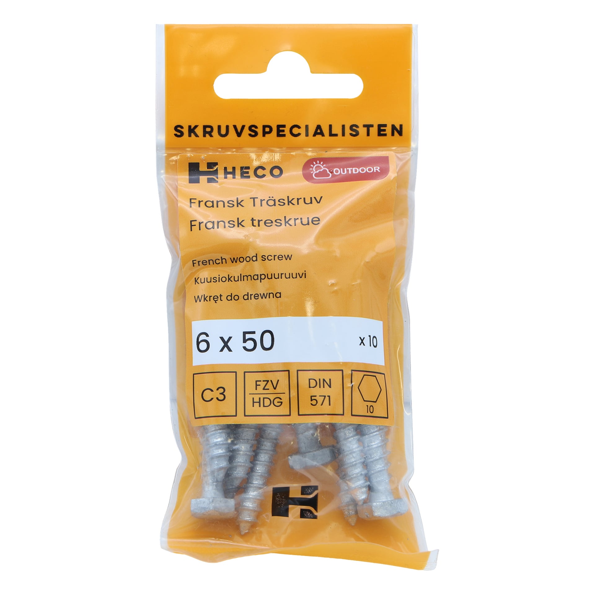 Ett orange Heco-plastpaket märkt "French timber screws 10 pack" rymmer tio skruvar på 6 x 50 mm. Förpackningen innehåller produktdetaljer och flera ikoner längs botten.