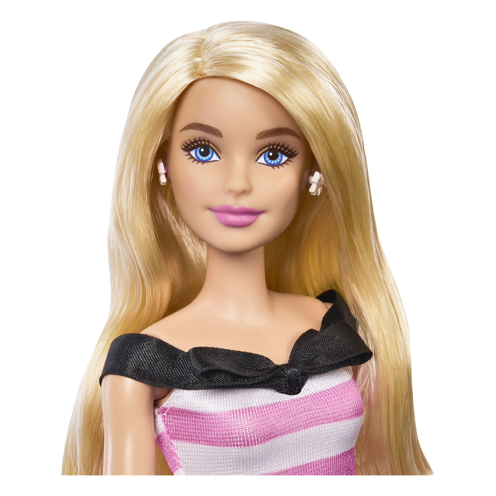 Barbie Pink Paisley-dockan har blont hår, blå ögon, ljus hy och rosa läppar. Hon bär en rosa och vitrandig klänning med svart rosett och små vita örhängen.
