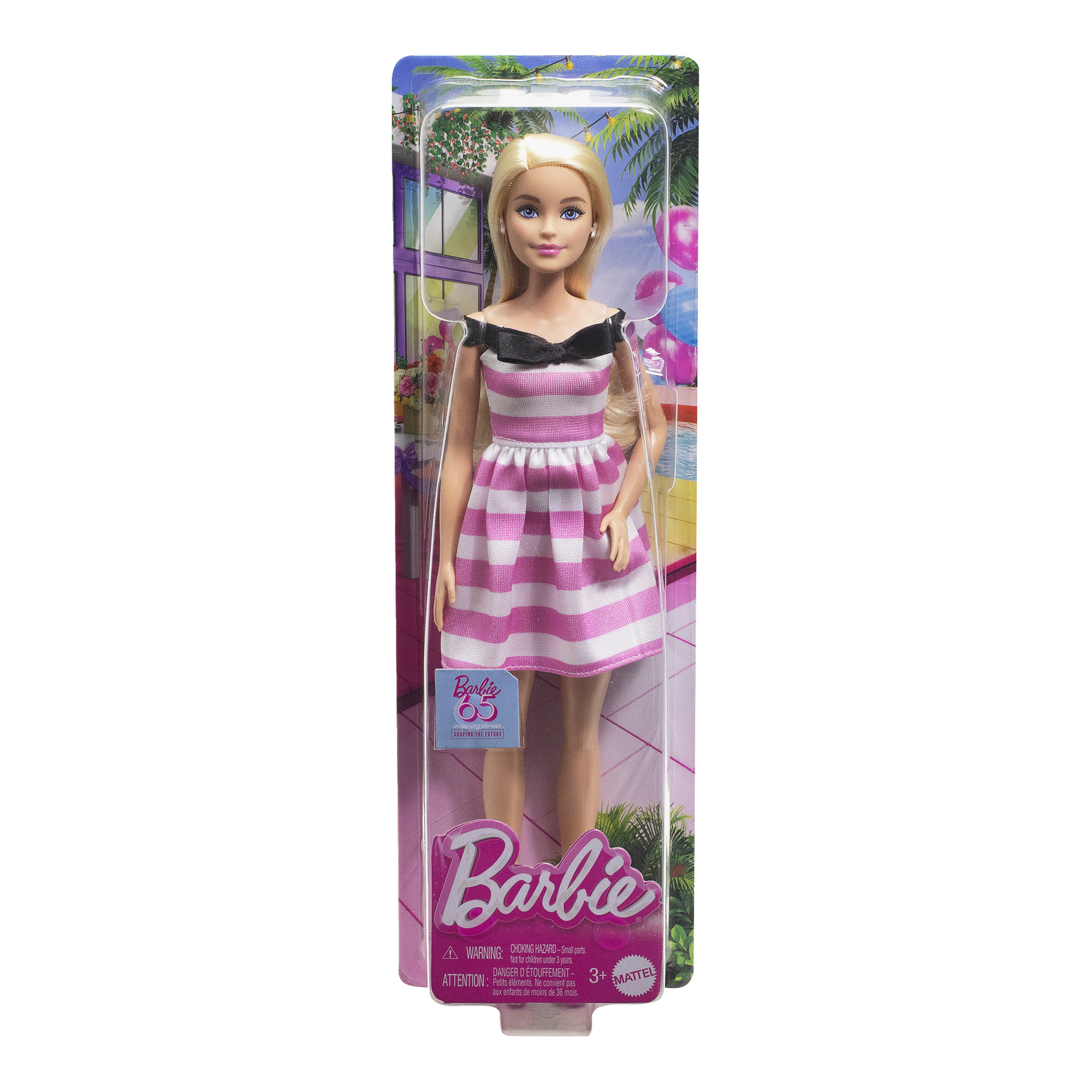 Barbie Pink Paisley-dockan har långt blont hår och bär en rosa och vit randig klänning med svart kant. Förpackningen visar Barbie-logotypen och är dekorerad med en färgglad illustrerad bakgrund, inklusive växter och stora fönster.