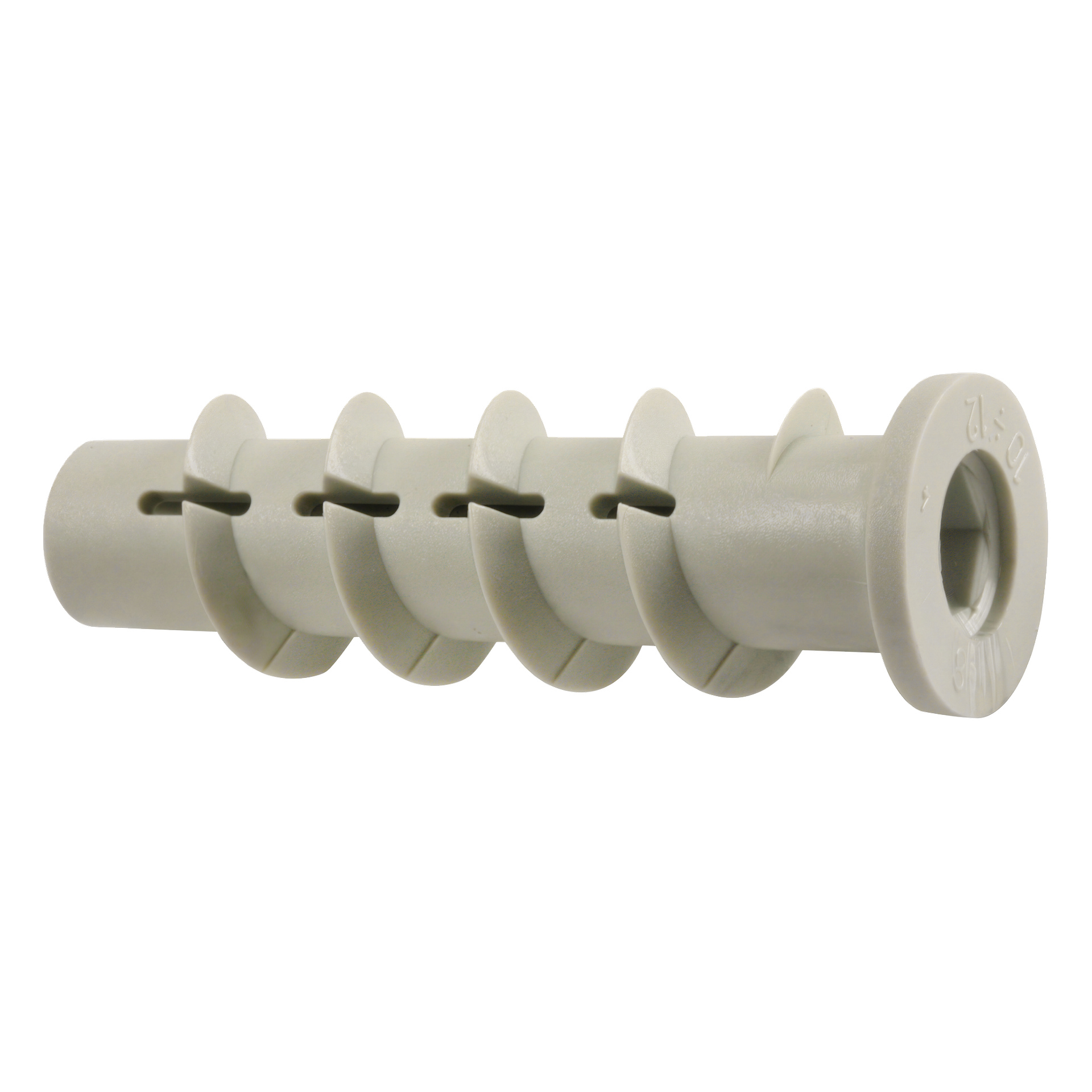 En detaljerad vy av en Heco Lightweight betongplugg från en fyrpack visar dess grå plastkropp med spiralformad kropp och flänshuvud. Pluggen är designad för att fästa skruvar i gipsskivor eller murverk och visar fyra spiralformade åsar som löper längs hela konstruktionen.