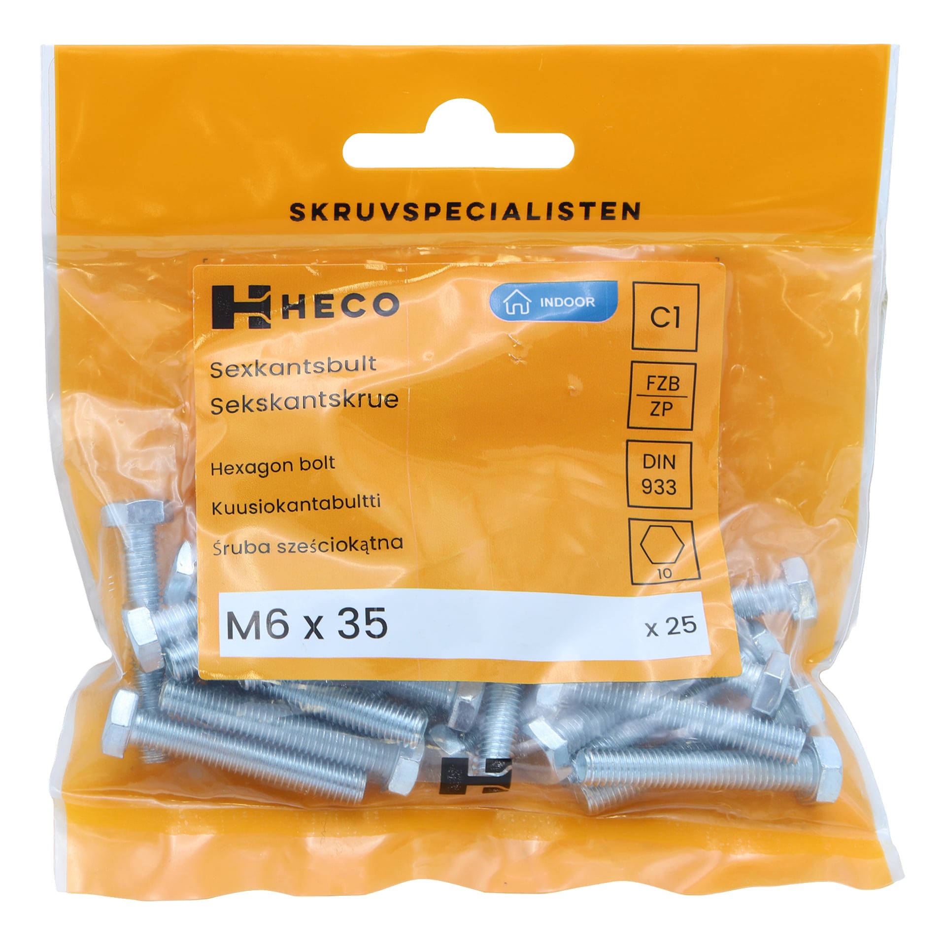 En gjennomsiktig plastpose merket "Heco 25 pack" inneholder M6 x 35 mm sekskantede bolter. Den oransje emballasjen viser produktspesifikasjonene, og boltene kan sees gjennom posen.