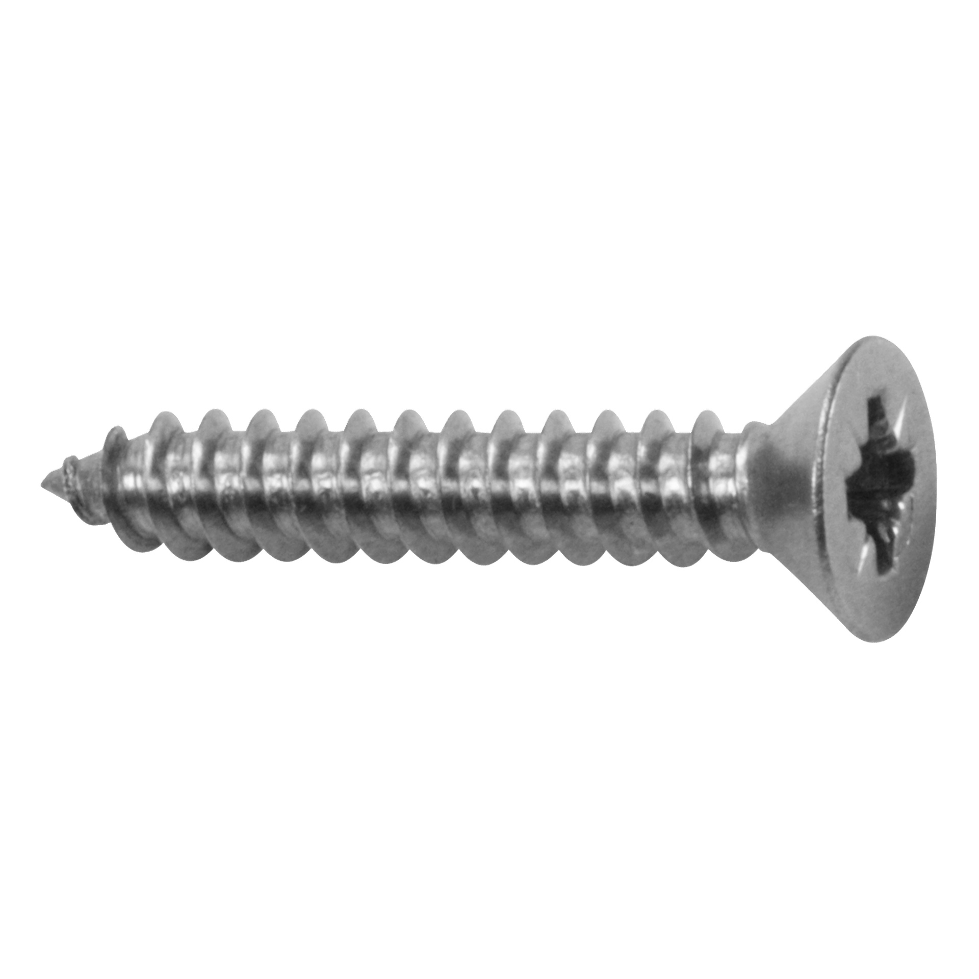 Et detaljert nærbilde viser en Heco-skrue fra Screws 10-pakken, og fremhever dens metalliske konstruksjon, Phillips-hode med flat, senket form og gjengede aksel, liggende horisontalt.