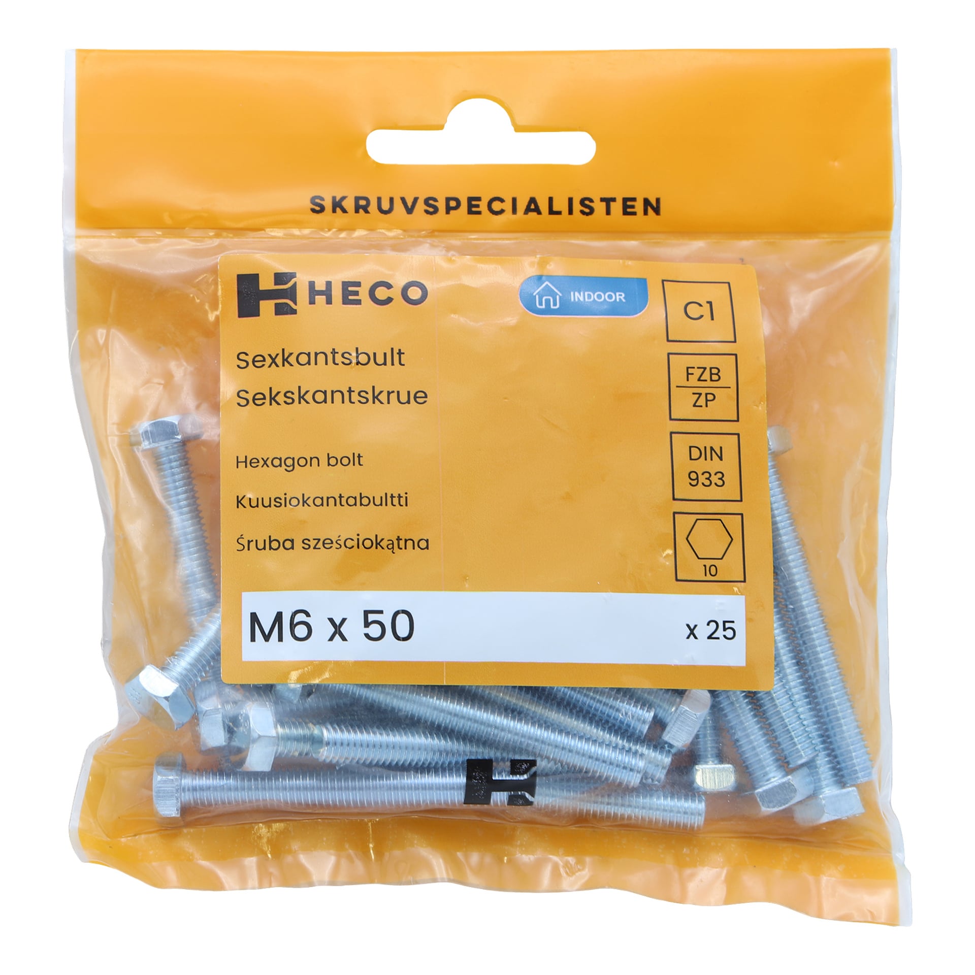 En gjennomsiktig plastpose merket "Heco" rommer en 25-pakning med M6 x 50 mm sekskantbolter. En oransje etikett viser produktspesifikasjonene, og boltene kan tydelig sees gjennom emballasjen.