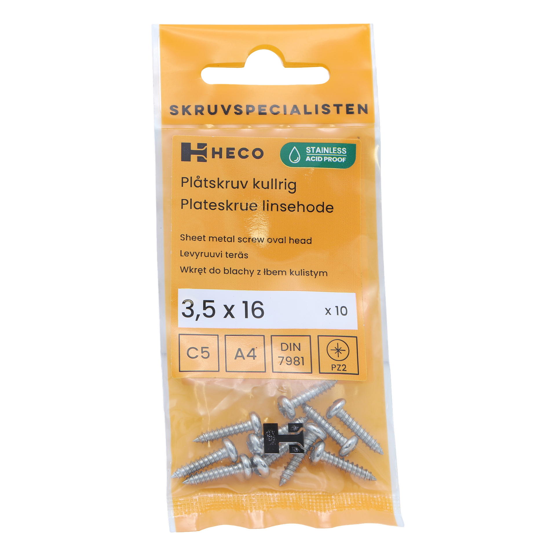 Paketti 10 Heco-pyöreää peltiruuvia, jokainen kooltaan 3,5 x 16 mm. Pakkaus on keltainen ja kirkas, ja siinä näkyy tuotetiedot.