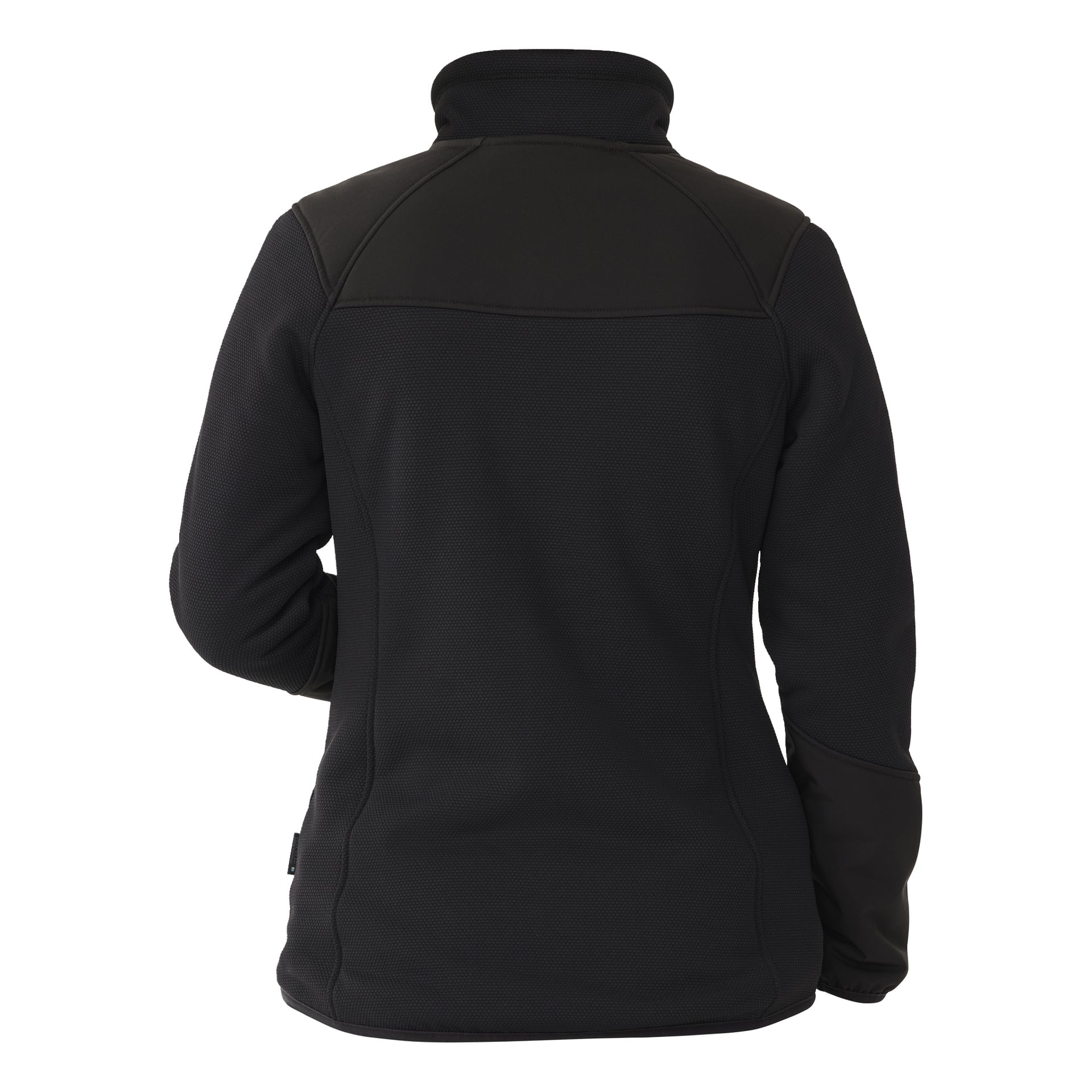 Bluewear Womens fleecejacka Moa med hög foder visas bakifrån, vilket framhäver dess långärmade ärmar, höga krage och slitstarka märken på axlar och armbågar. Jackan har en strömlinjeformad, skräddarsydd silhuett.