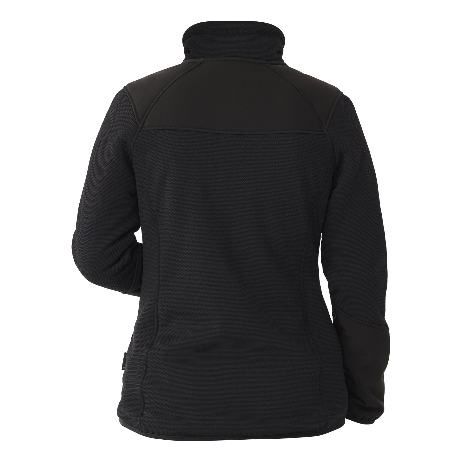 En baksida av Bluewear Moas fleecejacka för kvinnor visar dess svarta färg, ståkrage, långärmade och tydliga sömlinjer på axlar och armar. Det styckiga materialet ser särskilt tjockt och bekvämt ut.