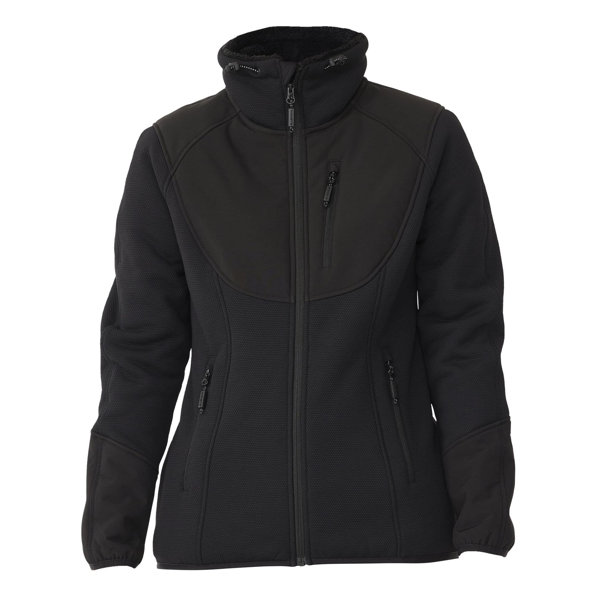 Women's Moa fleecejacka från Bluewear är en svart, långärmad dragkedja med ett luvfoder, tre dragkedjefickor och förstärkta lappar på axlar och armbågar.