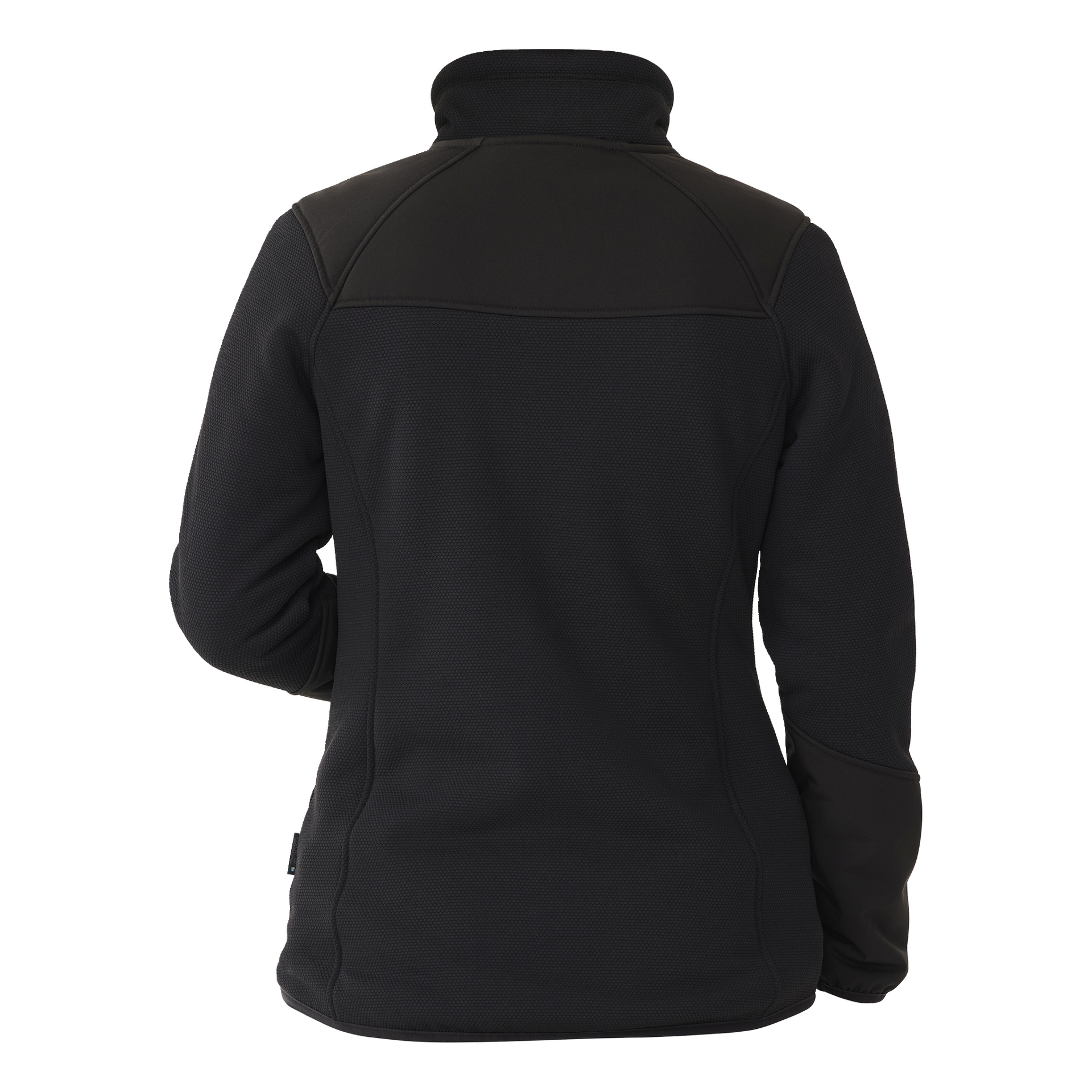 Bluewear Women's Moa -pilevuorillisen fleecetakin takanäkymä on esillä korostaen sen pitkähihat, korkea kaulus sekä vahvistetut paikat olkapäissä ja kyynärpäissä. Musta takki on räätälöity istuvuuteen ilman logoja tai kuvioita.