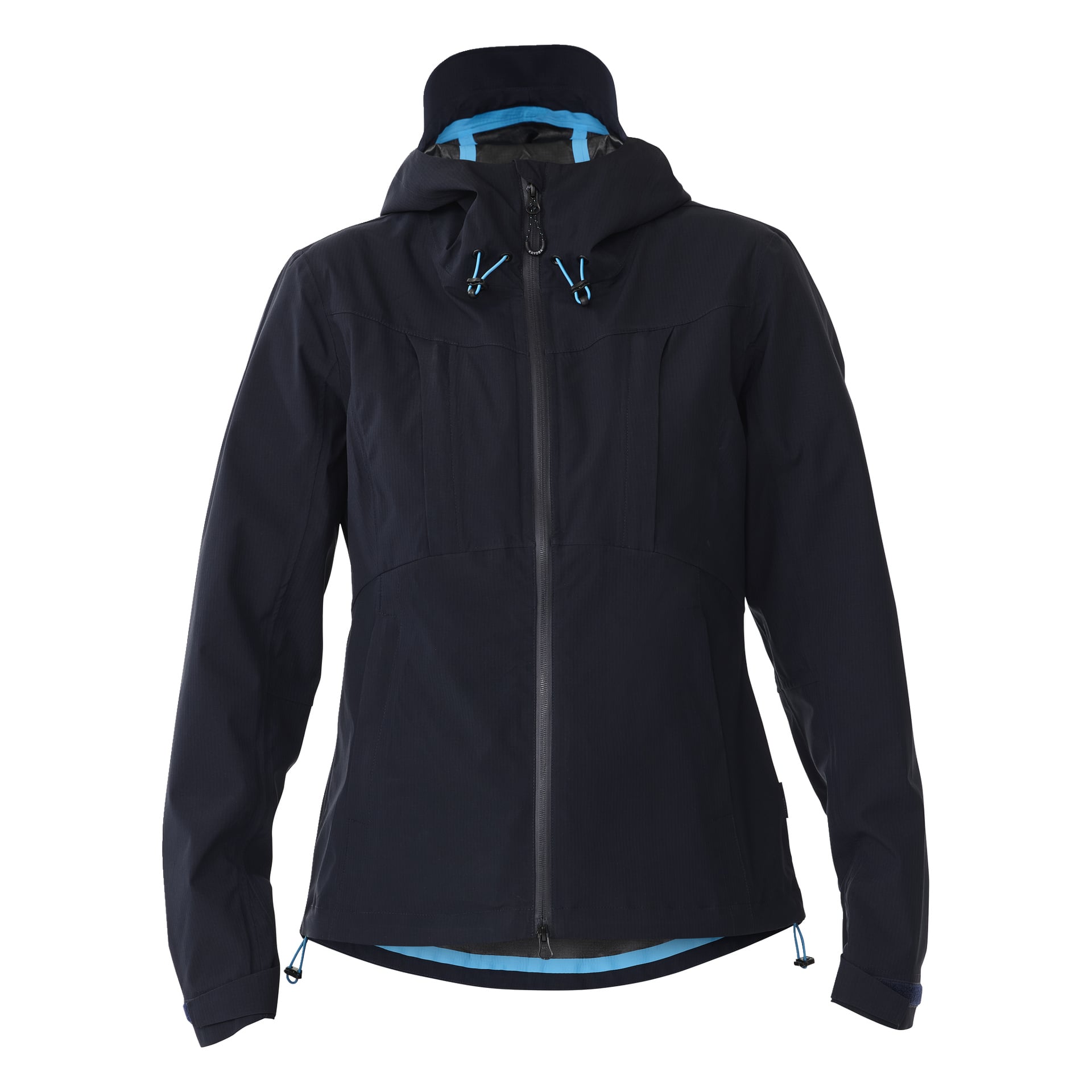 Die Damen-Shelljacke Sarek by Kayoba Outdoor verfügt über eine schwarze Kapuze mit blauen Kordeln, einen Reißverschluss vorne und ein blaues Innenfutter.